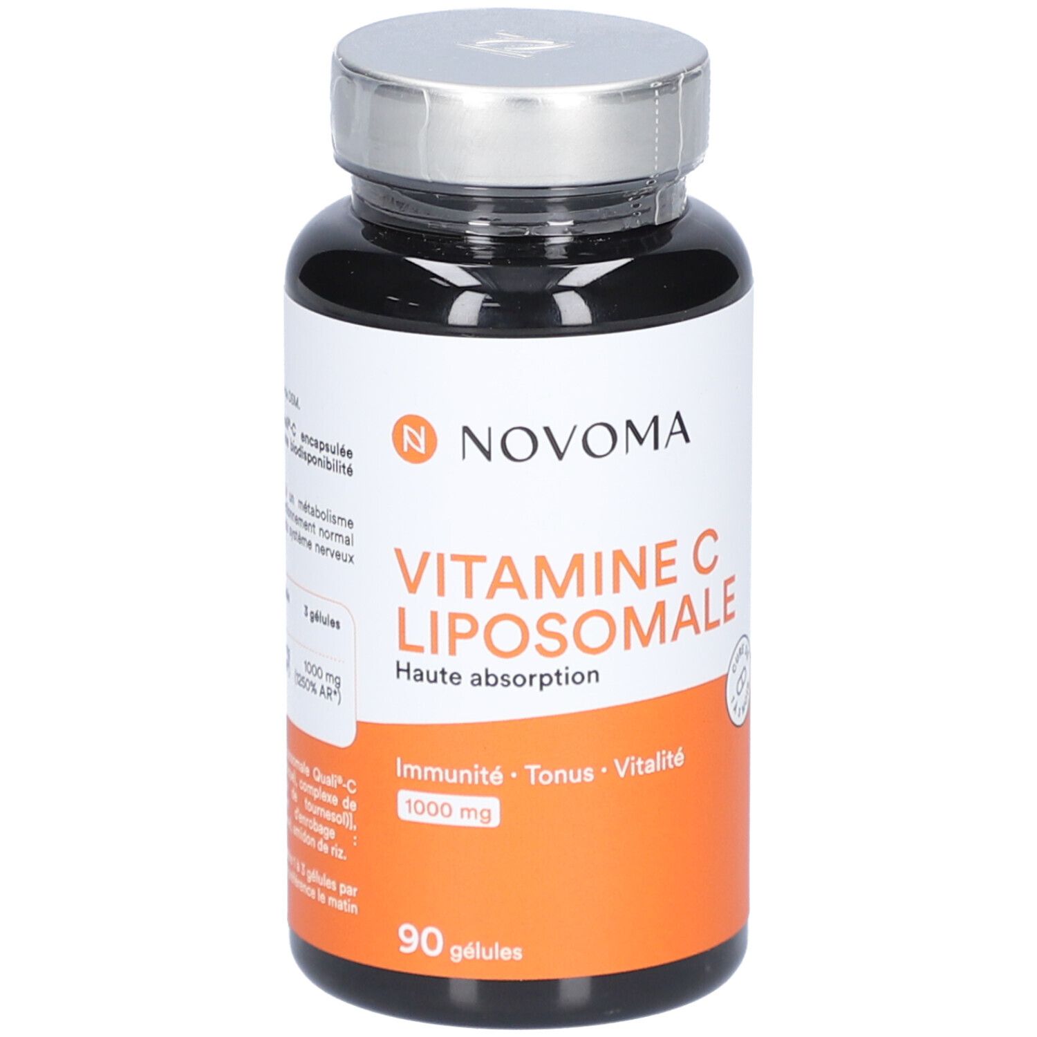 Flacon noir avec étiquette blanche. Inscription: VITAMINE C LIPOSOMALE. 90 gélules. Bouchon argenté.