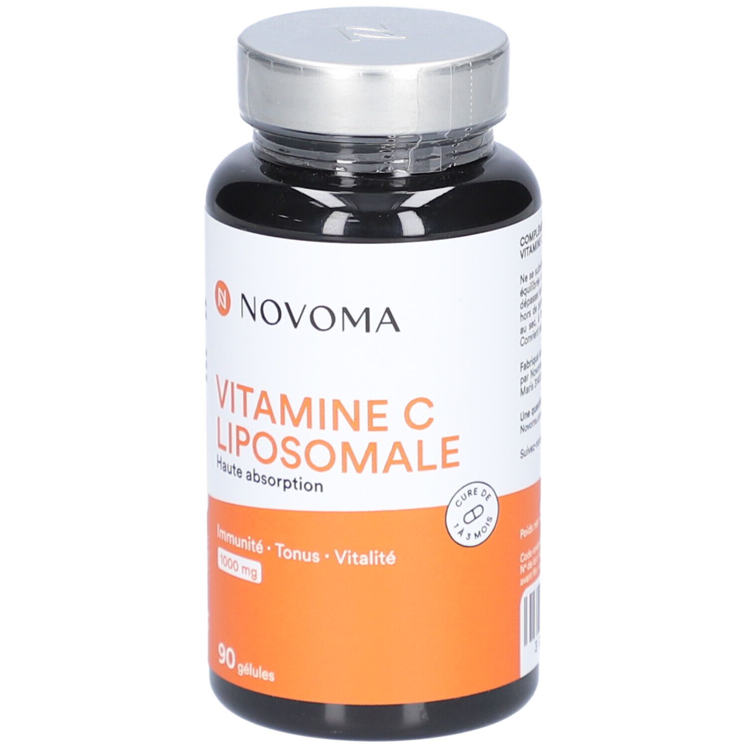 Flacon noir avec étiquette blanche. Inscription: VITAMINE C LIPOSOMALE. 90 gélules. Bouchon argenté.