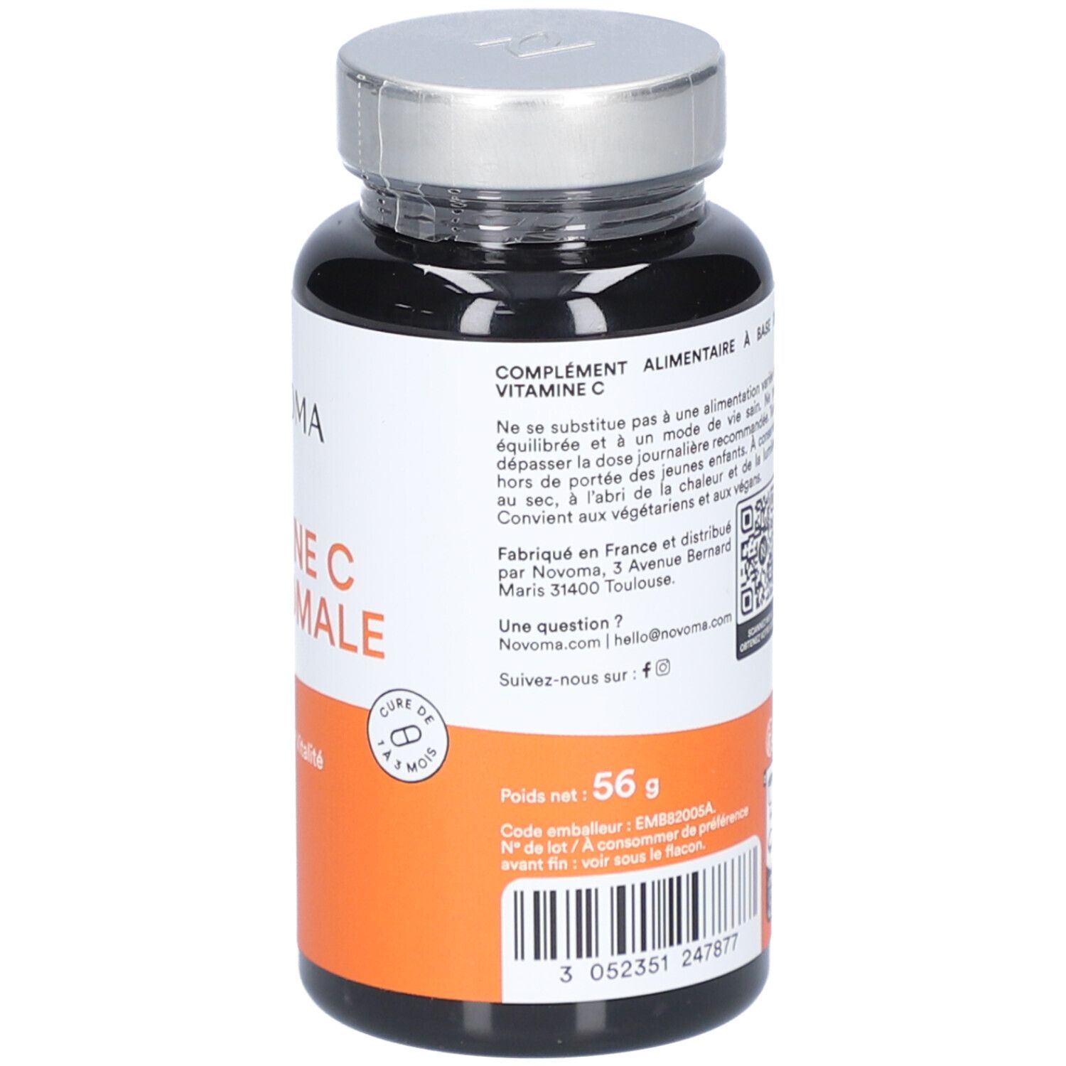 Dos du flacon noir. Contient des informations et un code QR. Étiquette orange. 56 g.