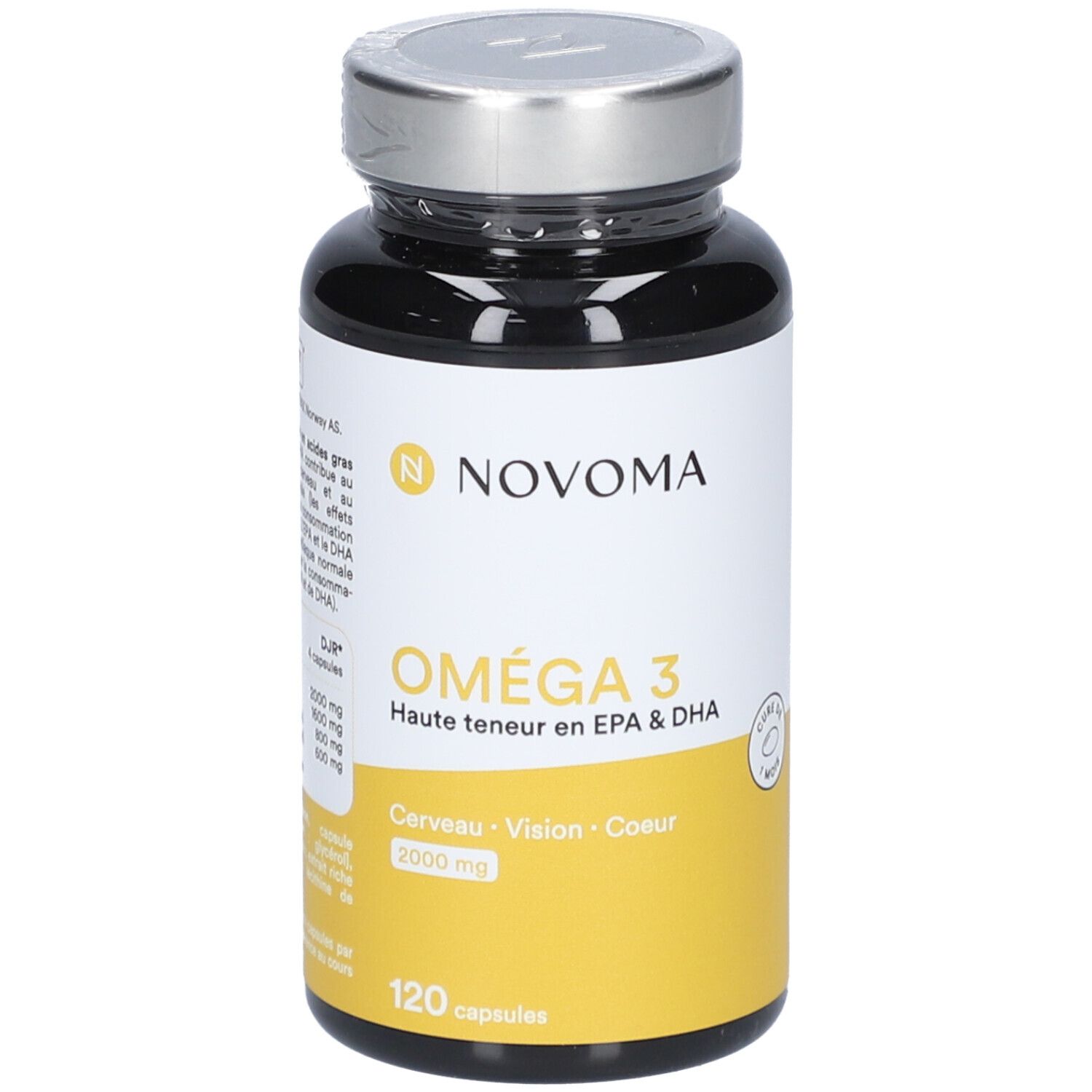 Flacon noir avec bouchon argenté. Inscription NOVOMA Oméga 3, étiquette jaune avec texte. 120 capsules.