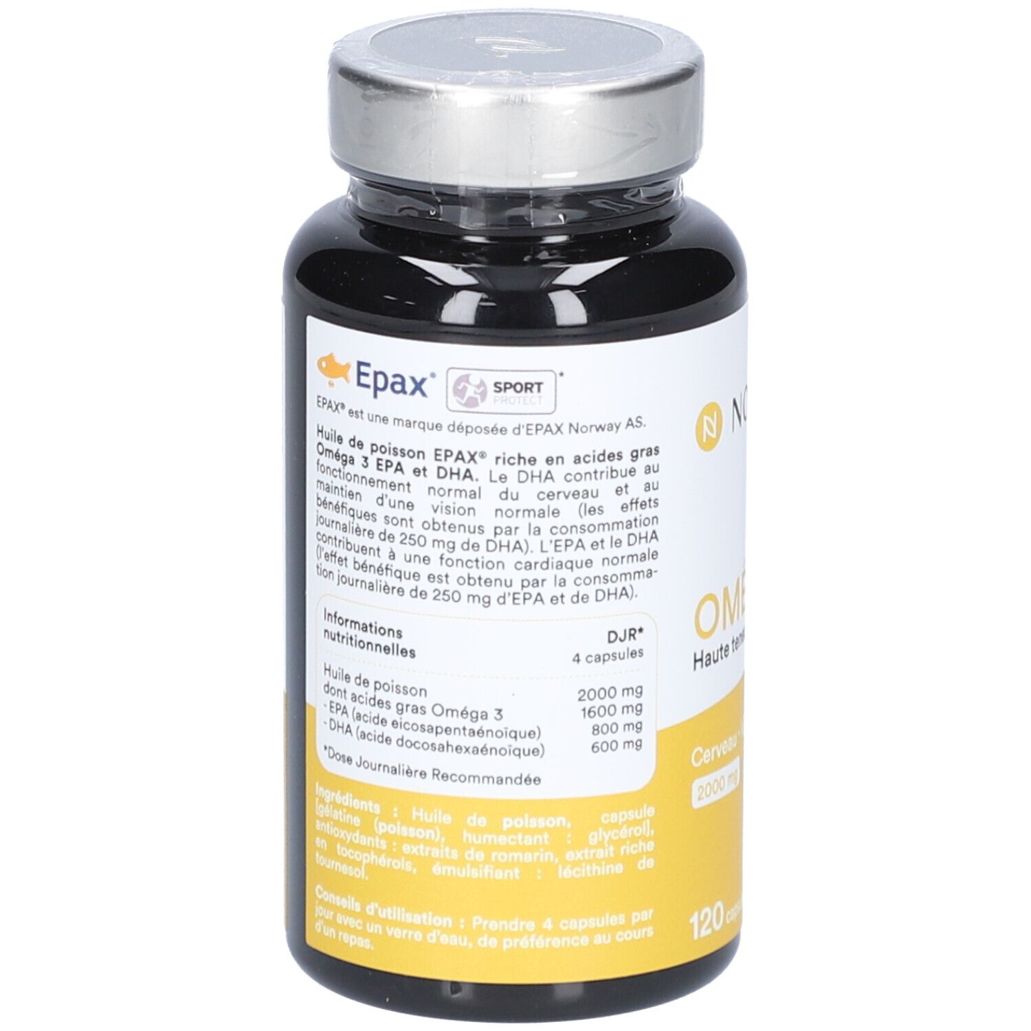 Dos du flacon. Étiquette jaune avec texte, logo EPAX. Contient des informations sur les ingrédients et la valeur nutritionnelle. 120 capsules.
