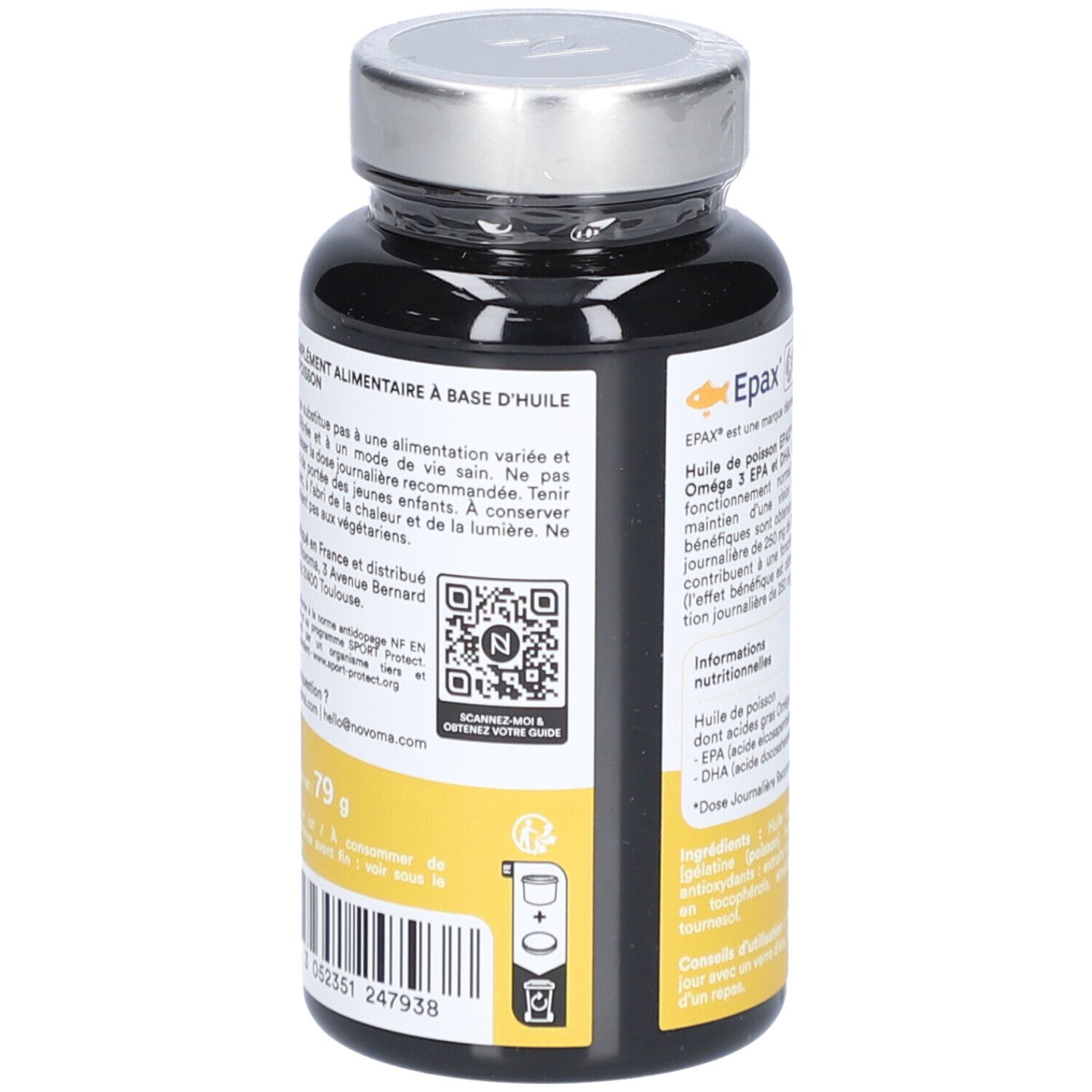 Dos du flacon. Étiquette jaune avec texte, code QR et informations. Flacon de 120 capsules.