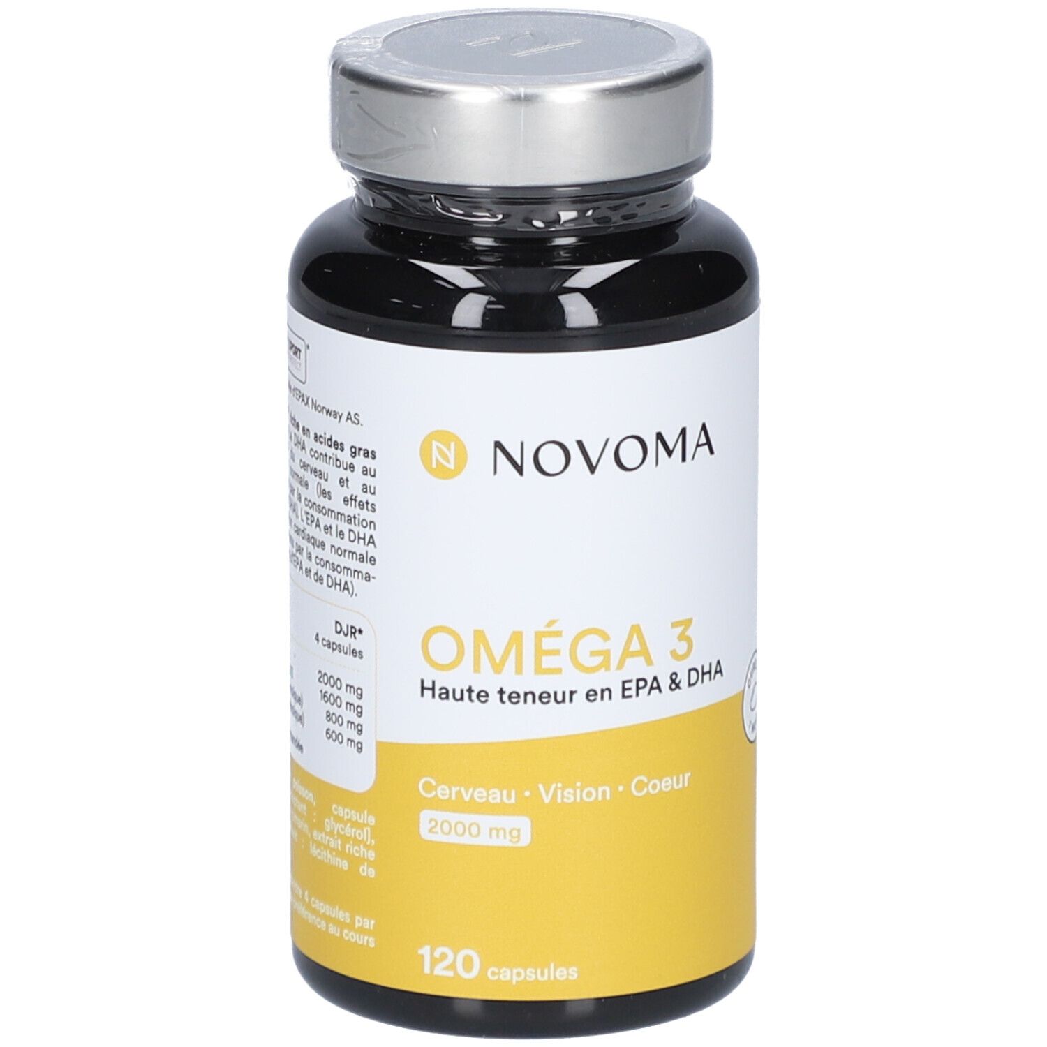 Flacon noir avec bouchon argenté. Inscription NOVOMA Oméga 3, étiquette jaune avec texte. 120 capsules.