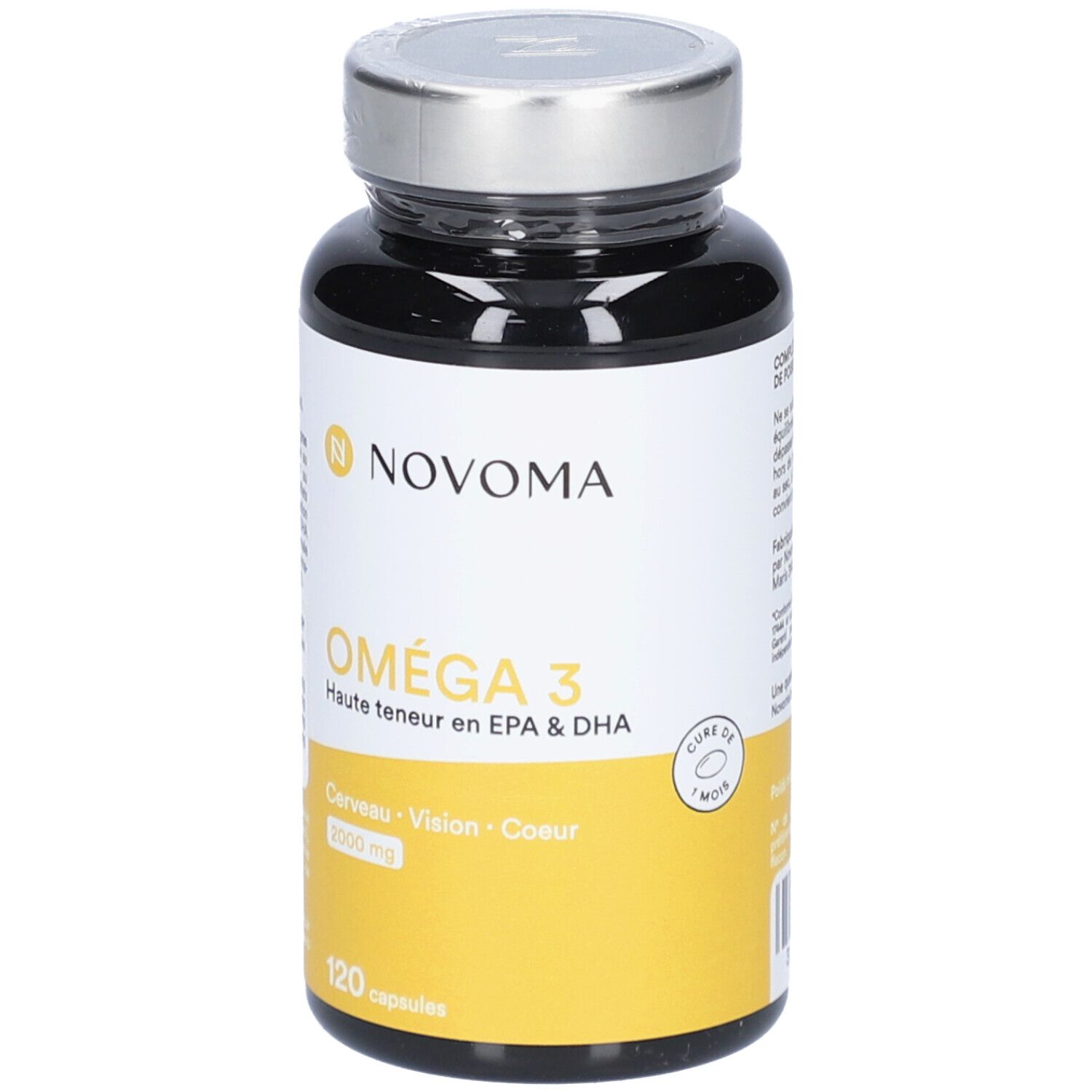 Flacon noir avec bouchon argenté. Inscription NOVOMA Oméga 3, étiquette jaune avec texte. 120 capsules.