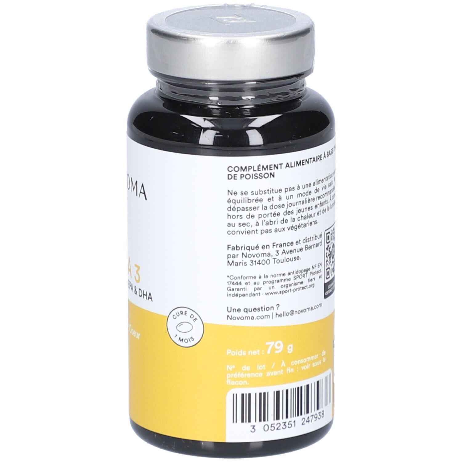 Dos du flacon. Étiquette jaune avec texte, code QR et informations. Flacon de 120 capsules.