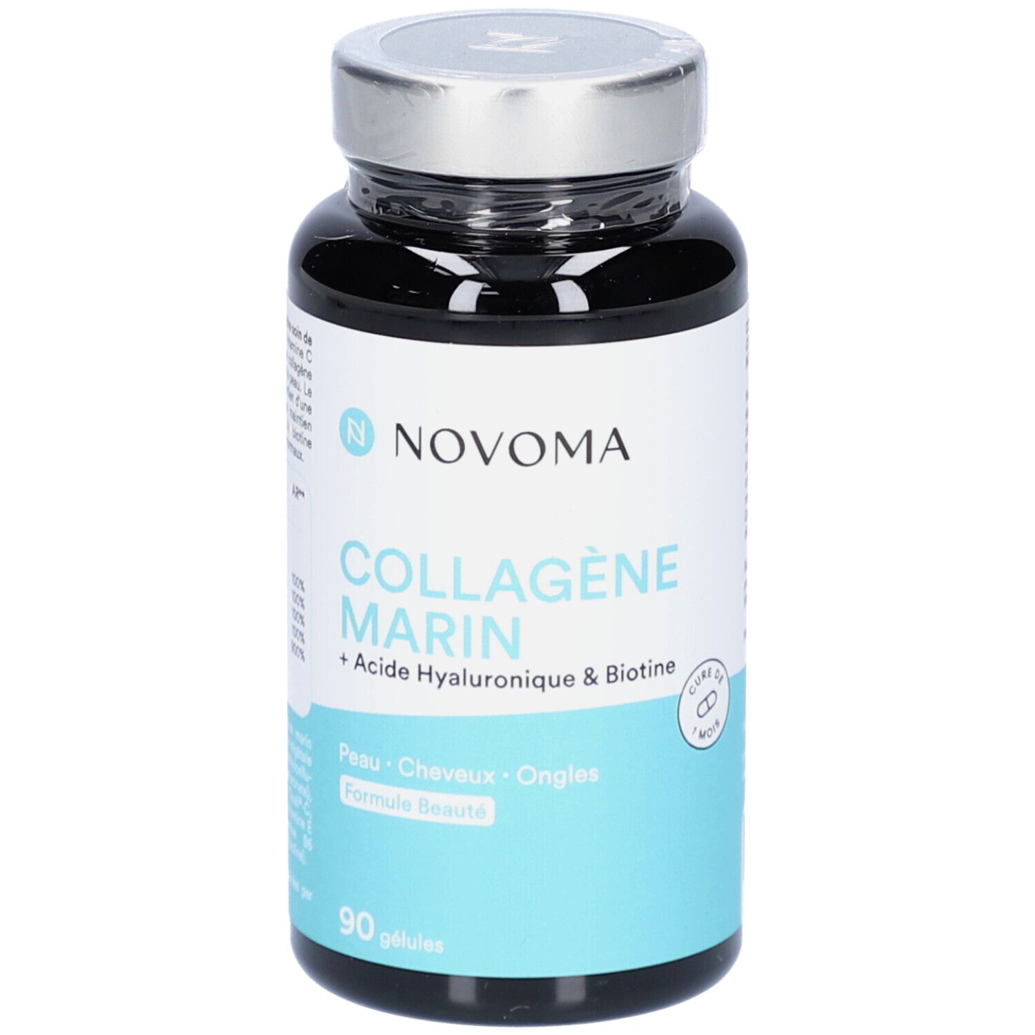 Flacon noir NOVOMA COLLAGÈNE MARIN. Inscription: COLLAGÈNE MARIN + Acide Hyaluronique & Biotine. 90 gélules.