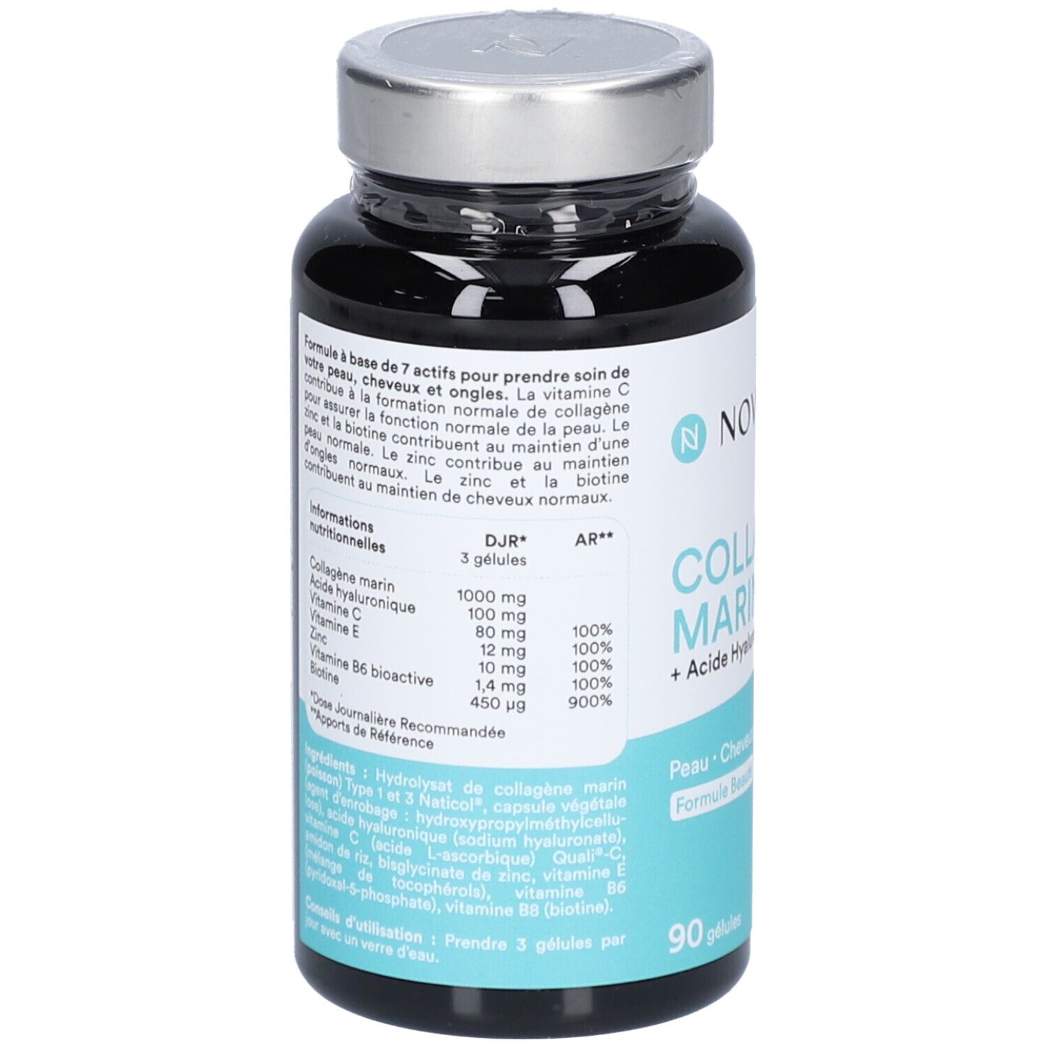 Dos du flacon NOVOMA COLLAGÈNE MARIN. Texte avec informations nutritionnelles et ingrédients. 90 gélules.