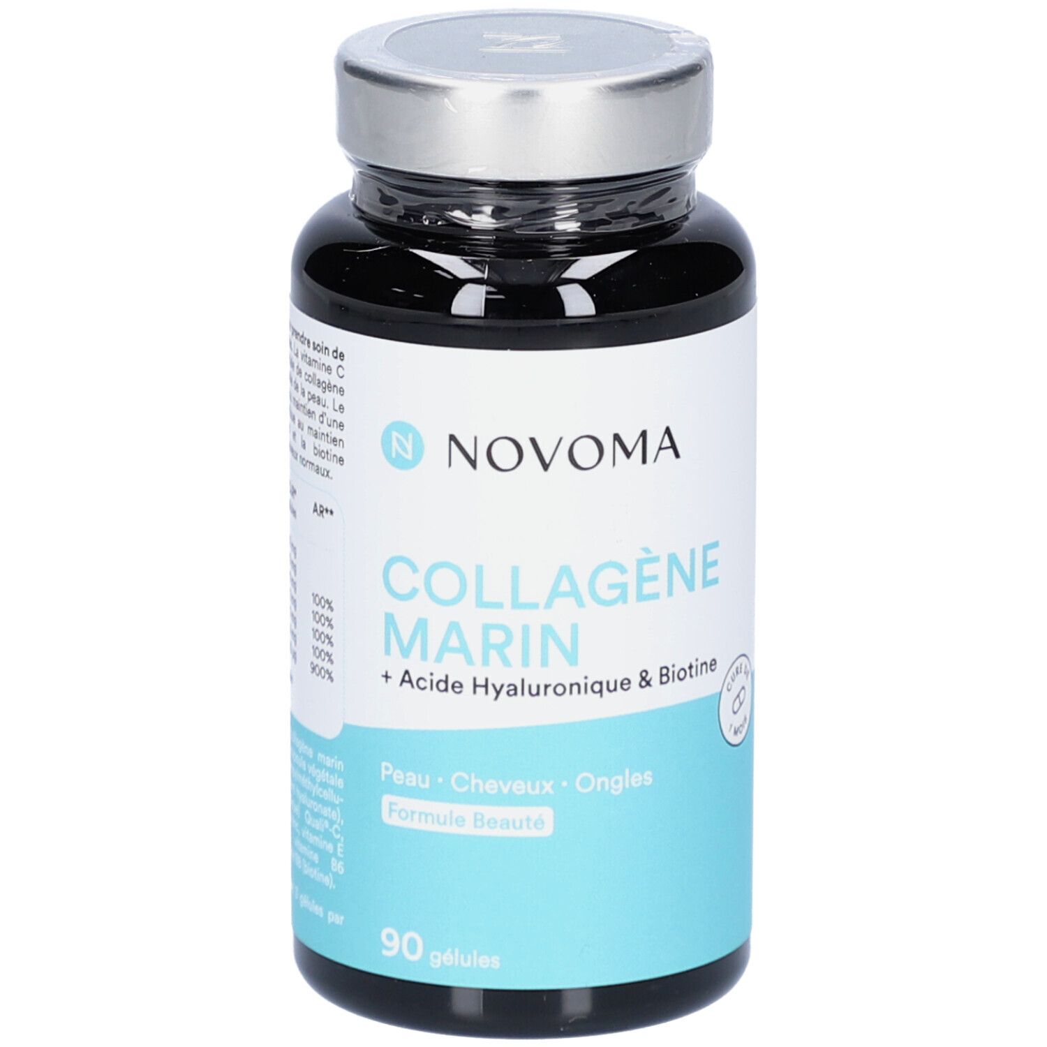 Flacon noir NOVOMA COLLAGÈNE MARIN. Inscription: COLLAGÈNE MARIN + Acide Hyaluronique & Biotine. 90 gélules.