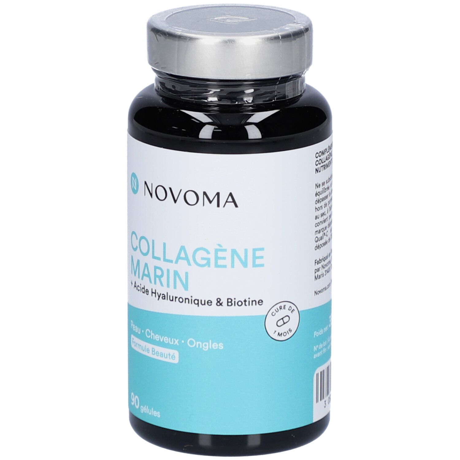 Flacon noir NOVOMA COLLAGÈNE MARIN. Inscription: COLLAGÈNE MARIN + Acide Hyaluronique & Biotine. 90 gélules. Symbole cure.