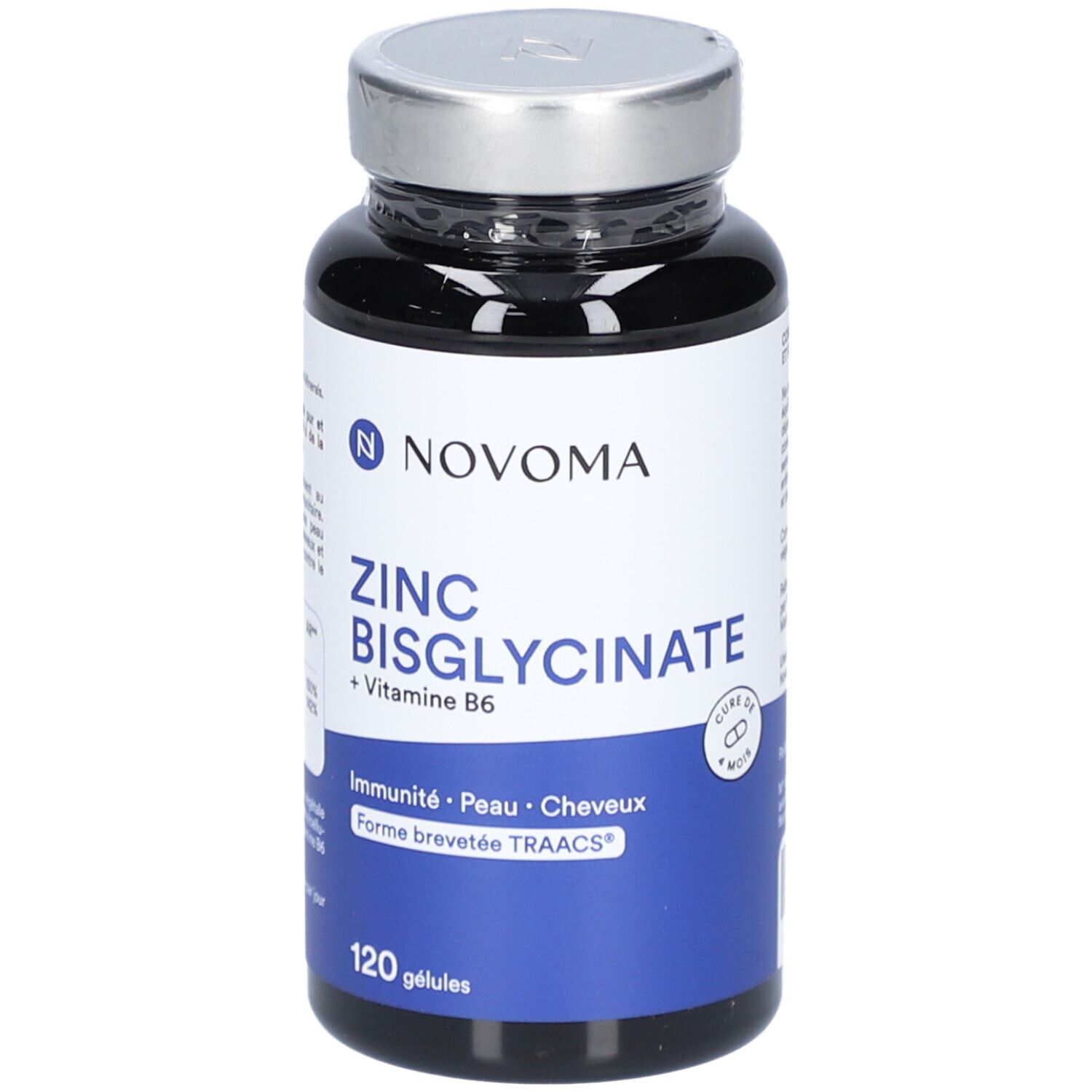Flacon noir NOVOMA ZINC BISGLYCINATE. Inscription: ZINC BISGLYCINATE + Vitamine B6. 120 gélules.