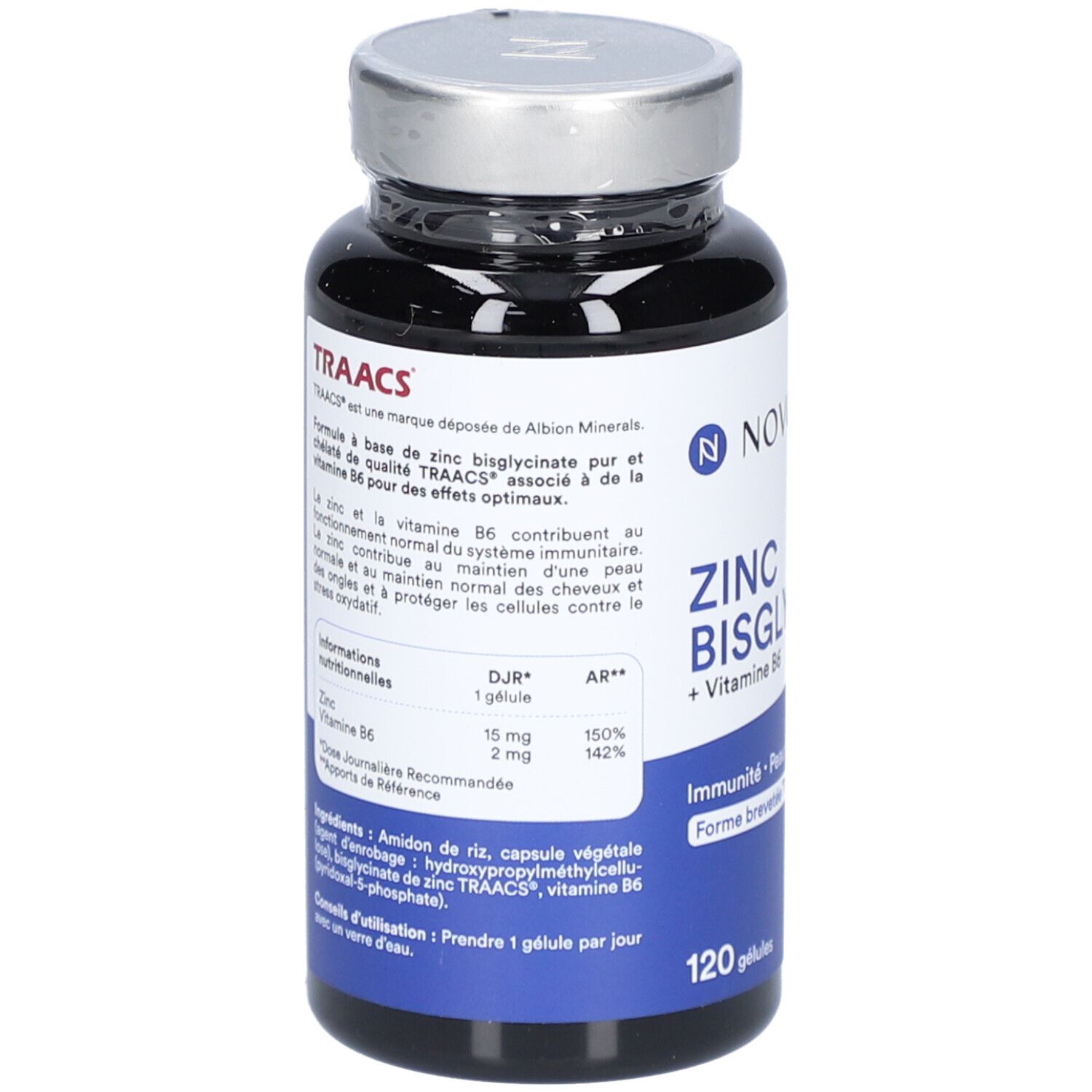 Dos du flacon NOVOMA ZINC BISGLYCINATE. Texte avec ingrédients, informations nutritionnelles et mode d'emploi.