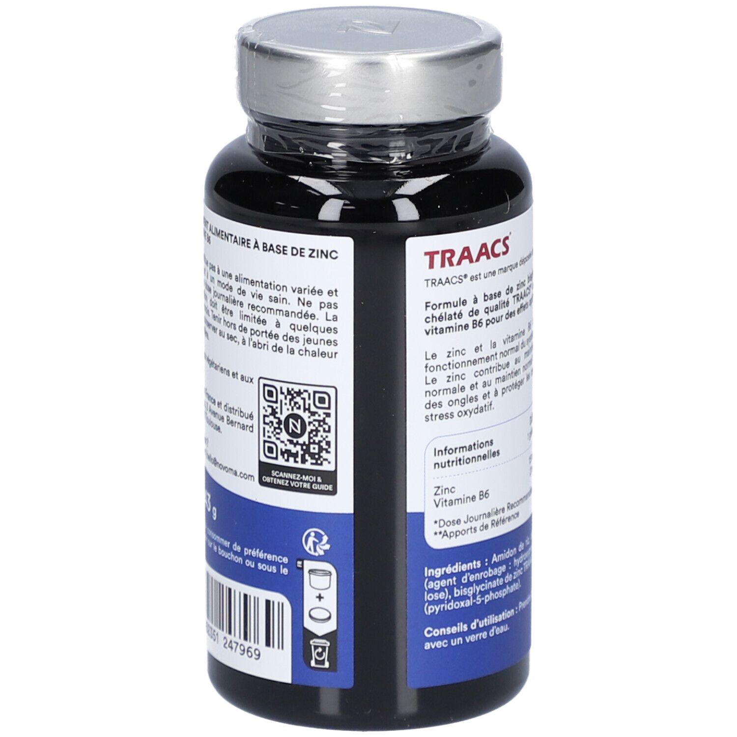 Dos du flacon NOVOMA ZINC BISGLYCINATE. Texte avec ingrédients, informations nutritionnelles et mode d'emploi.