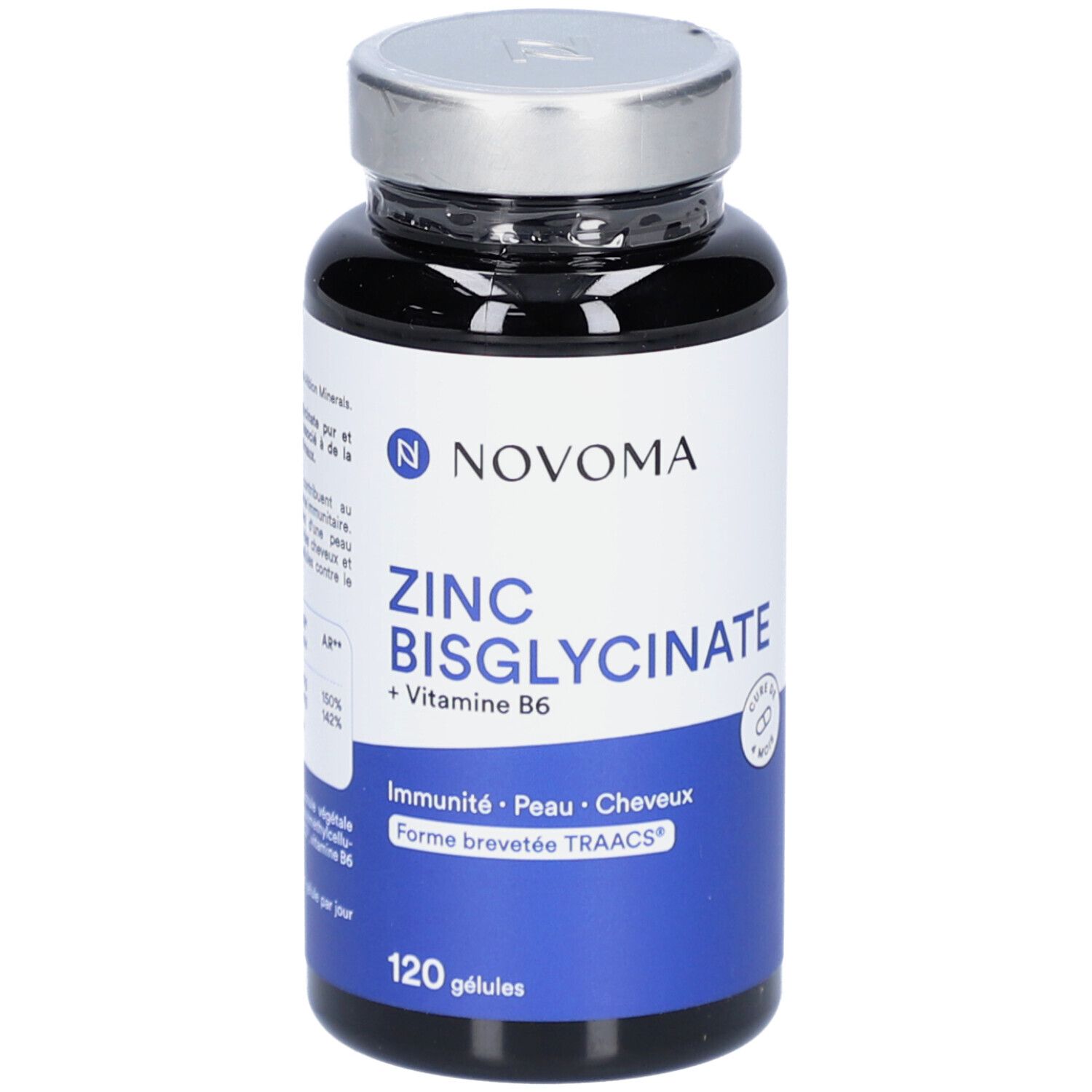 Flacon noir NOVOMA ZINC BISGLYCINATE. Inscription: ZINC BISGLYCINATE + Vitamine B6. 120 gélules.