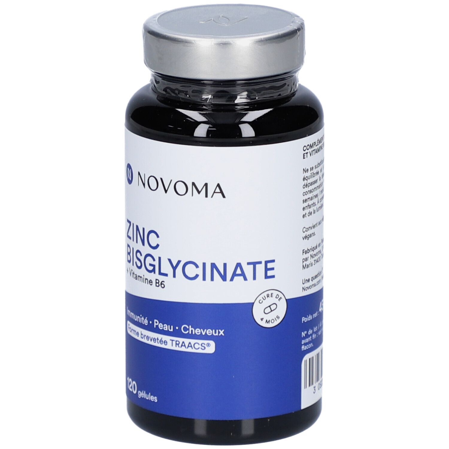 Flacon noir NOVOMA ZINC BISGLYCINATE. Inscription: ZINC BISGLYCINATE + Vitamine B6. 120 gélules.
