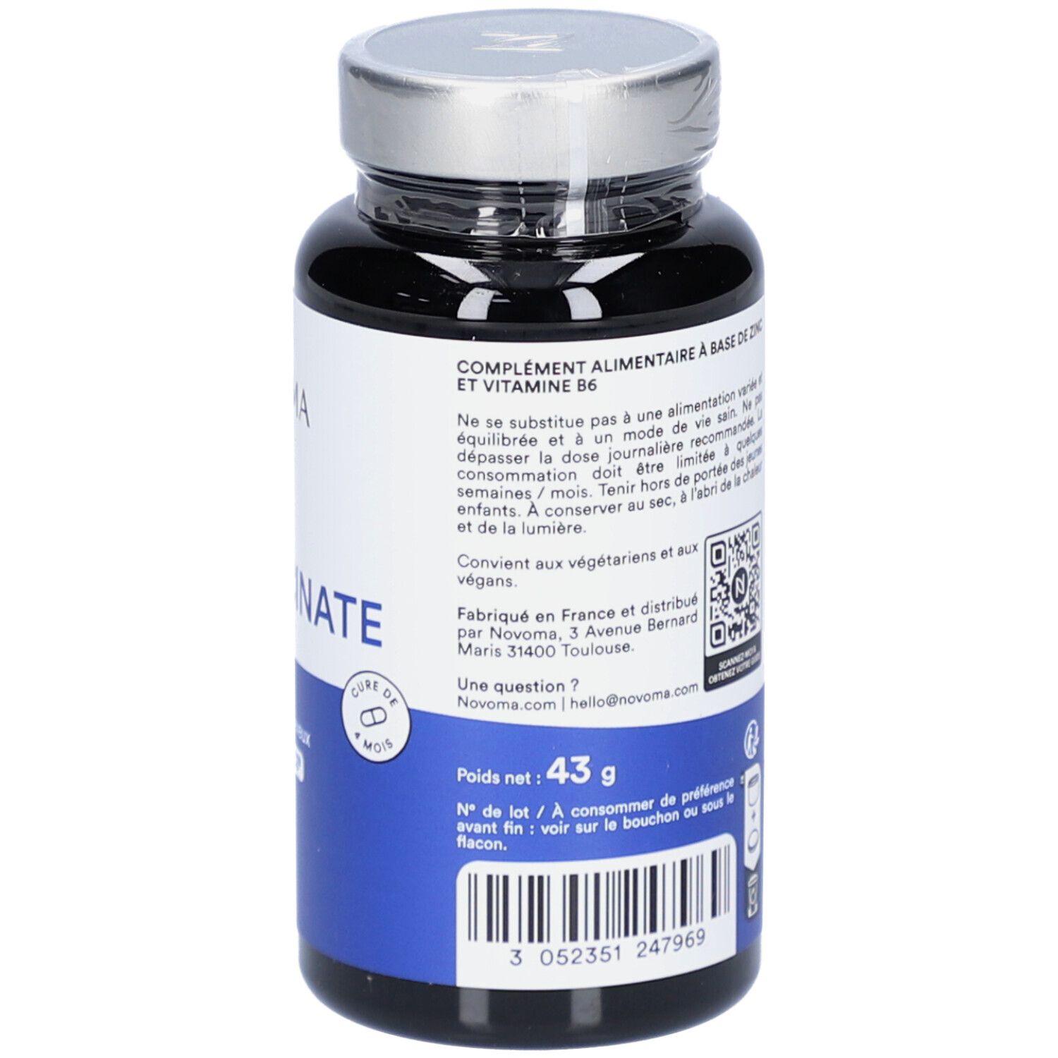 Dos du flacon NOVOMA ZINC BISGLYCINATE. Texte avec ingrédients, informations nutritionnelles et mode d'emploi.