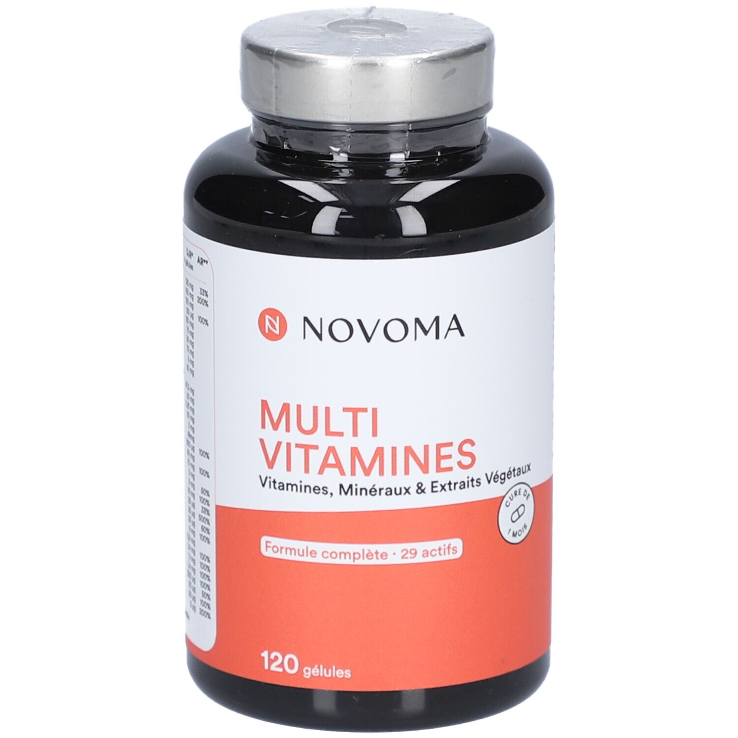 Flacon noir NOVOMA MULTI VITAMINES. Contient 120 gélules. Étiquette rouge et blanche avec informations produit.