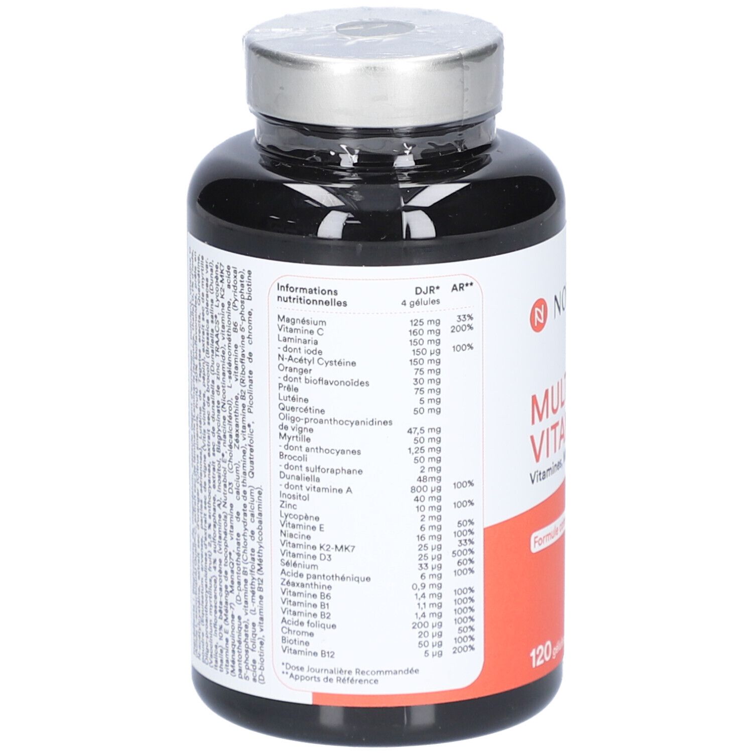 Dos du flacon NOVOMA MULTI VITAMINES. Contient des informations nutritionnelles. Flacon noir avec couvercle argenté.