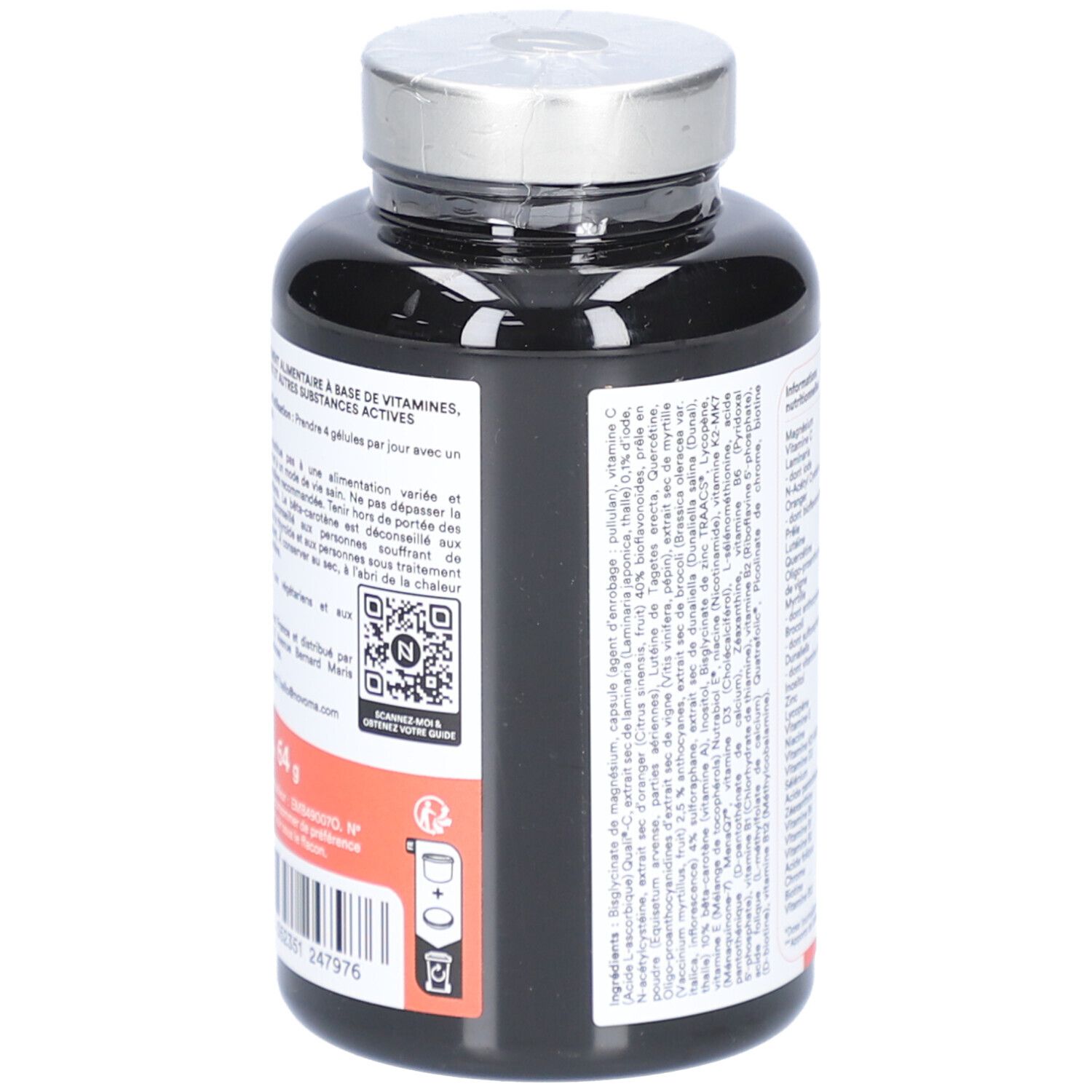 Dos du flacon NOVOMA MULTI VITAMINES. Texte avec ingrédients et conseils d'utilisation. Flacon noir.