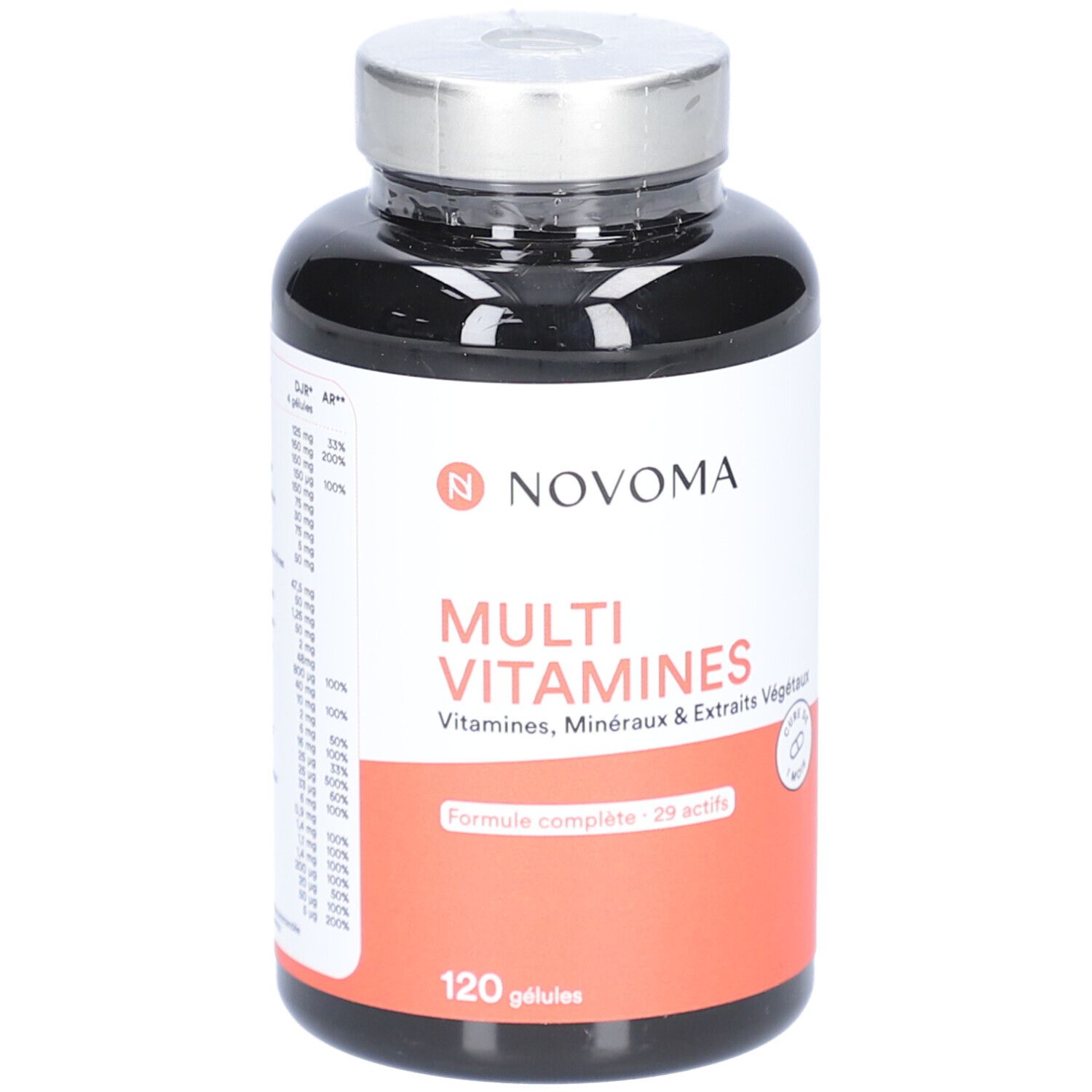 Flacon NOVOMA MULTI VITAMINES. Contient 120 gélules. Étiquette rouge et blanche avec informations. Flacon noir.