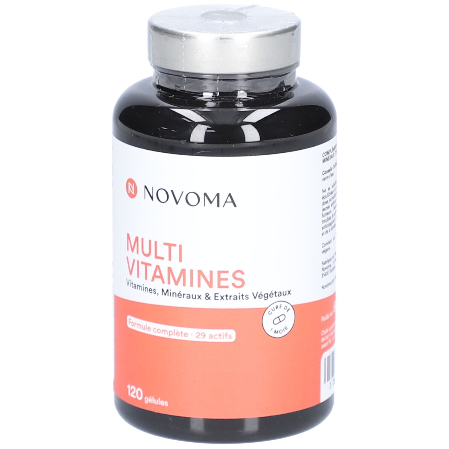 Flacon NOVOMA MULTI VITAMINES. Contient 120 gélules. Étiquette rouge et blanche avec informations. Flacon noir.