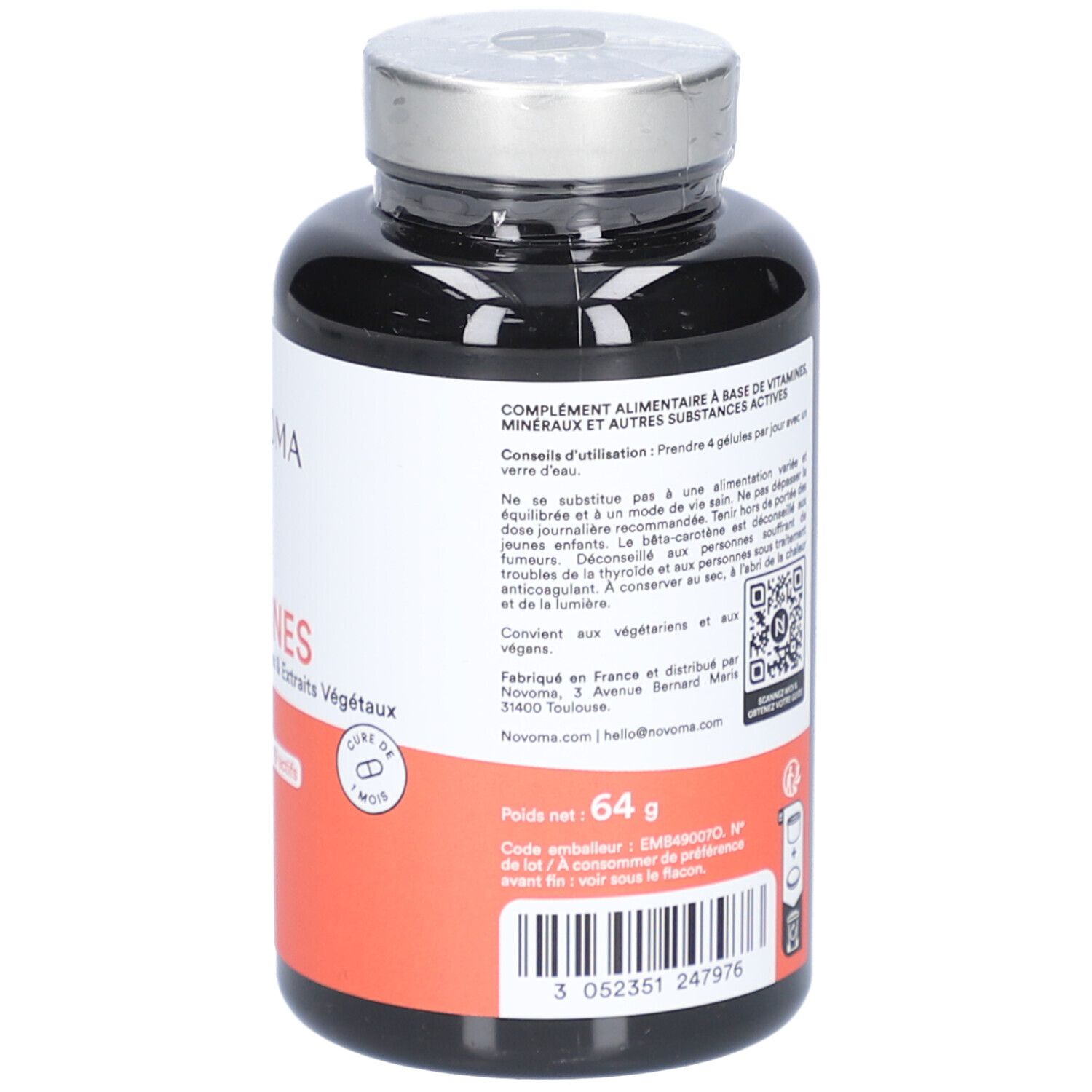 Dos du flacon NOVOMA MULTI VITAMINES. Texte avec ingrédients et conseils d'utilisation. Flacon noir.