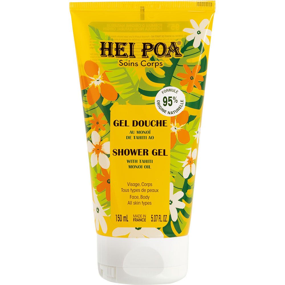Tube de gel douche HEI POA jaune, motifs floraux. Texte: Gel Douche, Tahiti Monoï Oil. Formule naturelle à 95%.
