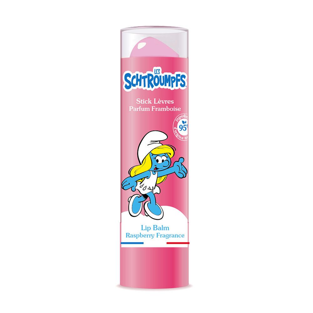 Stick lèvres rose avec illustration Schtroumpfette. Parfum framboise. Inscription bilingue. Couvercle transparent.