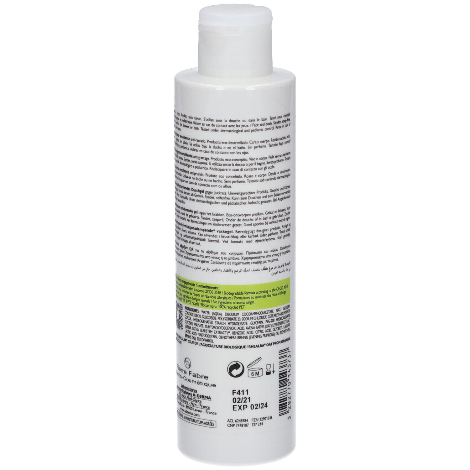 Dos du flacon. Informations sur le produit, fabricant, ingrédients et durée de conservation.