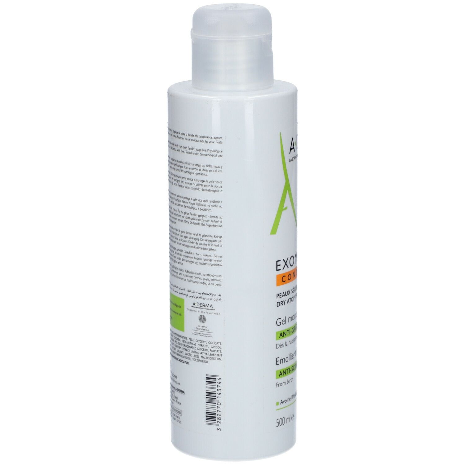 Dos du flacon A-DERMA EXOMEGA CONTROL. Texte en plusieurs langues. Contient des informations sur le produit.