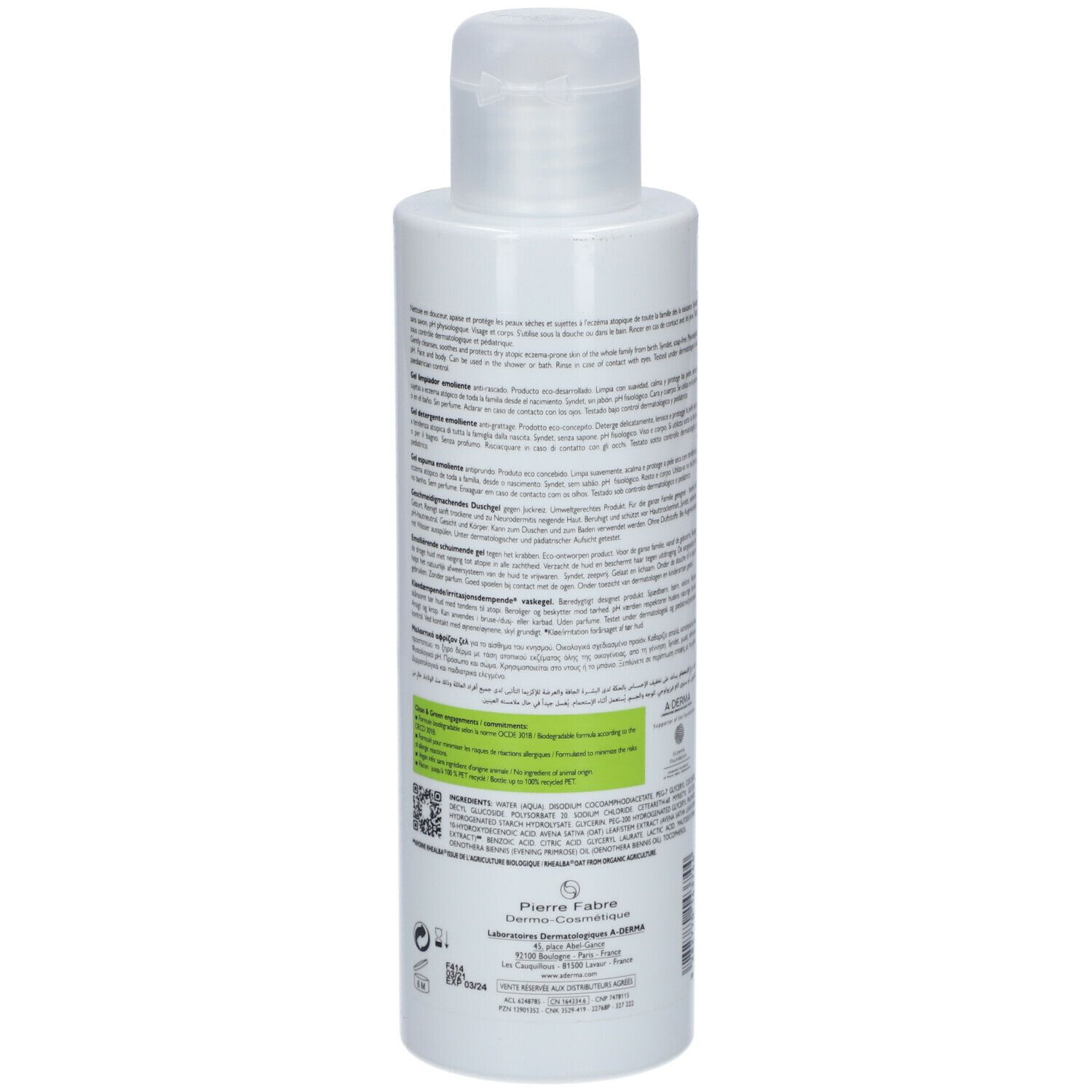 Dos du flacon A-DERMA EXOMEGA CONTROL. Texte en plusieurs langues. Contient des informations sur le produit.
