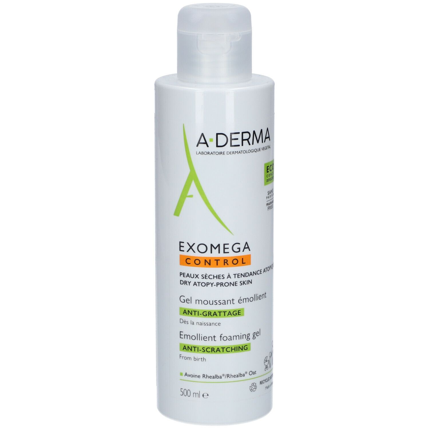 Gel A-DERMA EXOMEGA CONTROL. Flacon blanc avec logo vert et texte. Contient 500 ml. Sans parfum.