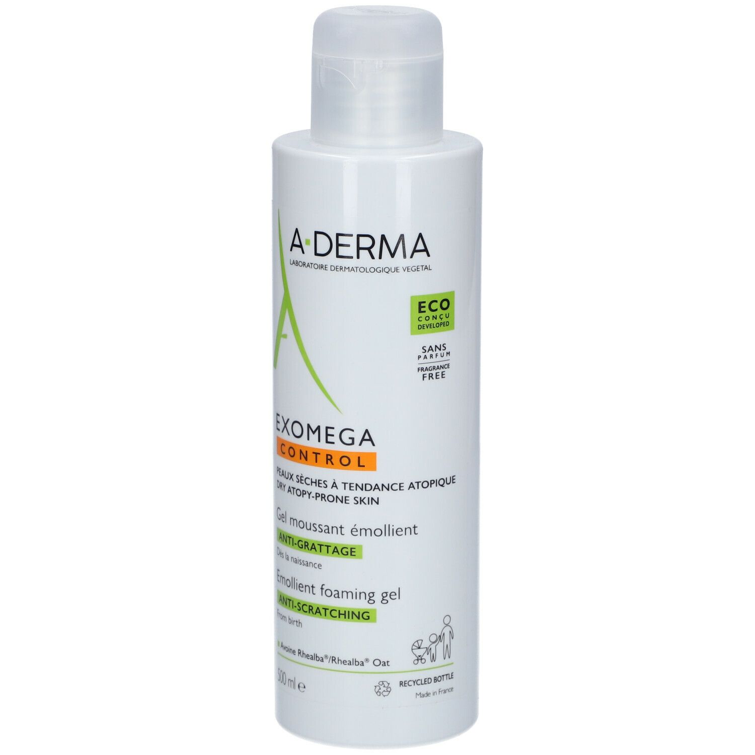 Dos du flacon A-DERMA EXOMEGA CONTROL. Texte en plusieurs langues. Contient des informations sur le produit.