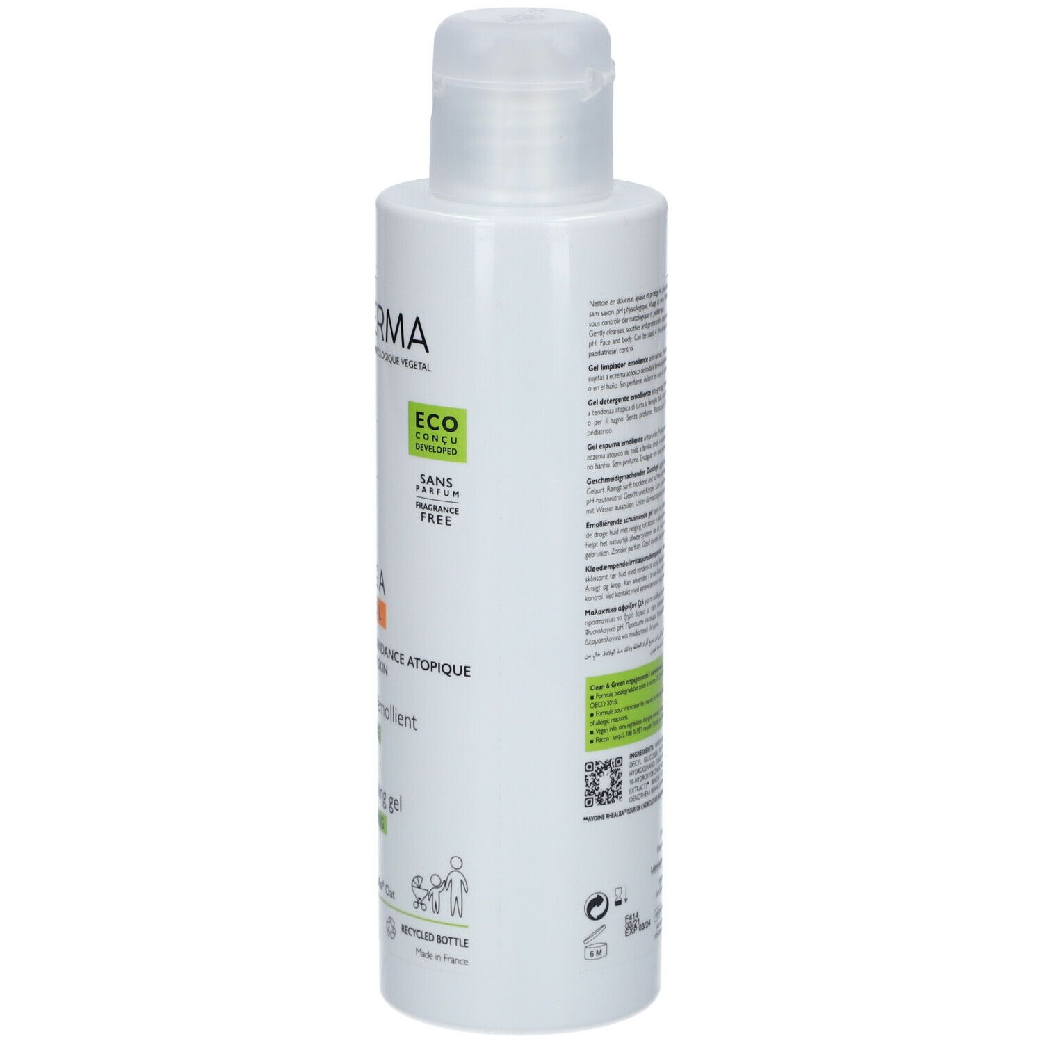 Dos du flacon A-DERMA EXOMEGA CONTROL. Texte en plusieurs langues. Contient des informations sur le produit.