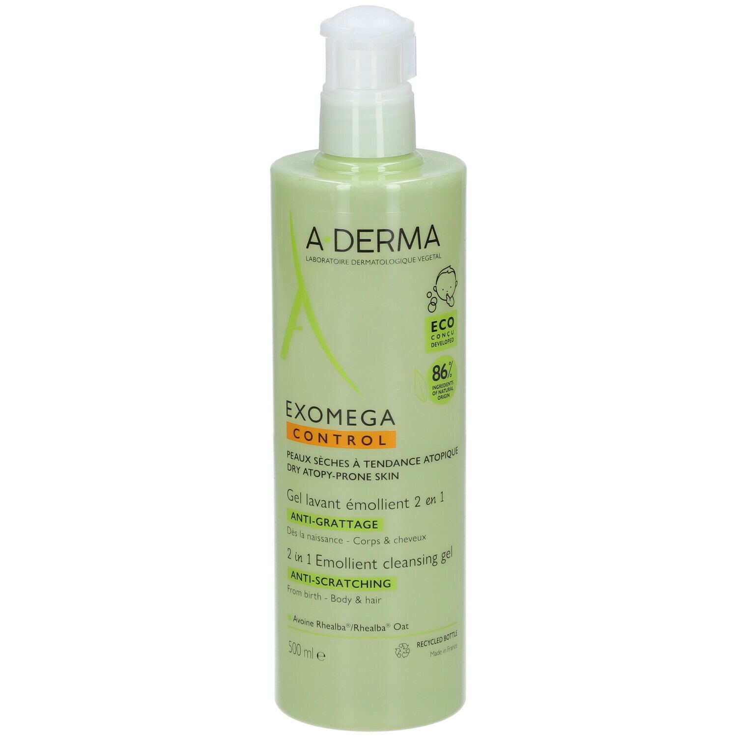 Flacon vert avec pompe. A-DERMA EXOMEGA CONTROL Gel lavant émollient 2 en 1. 500ml. Certification Eco.