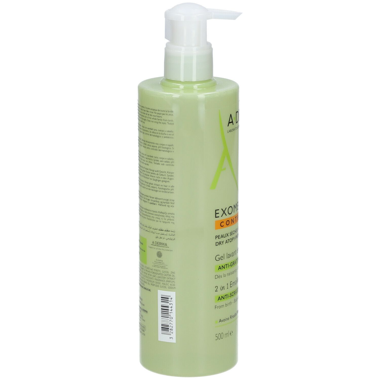Flacon vert avec pompe. A-DERMA EXOMEGA CONTROL Gel lavant émollient 2 en 1. 500ml. Dos avec texte.