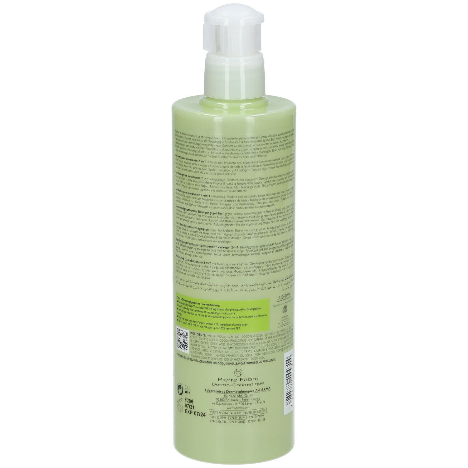 Flacon vert avec pompe. A-DERMA EXOMEGA CONTROL Gel lavant émollient 2 en 1. 500ml. Dos avec texte.
