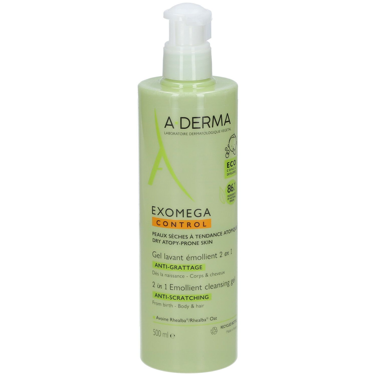 Flacon vert avec pompe. A-DERMA EXOMEGA CONTROL Gel lavant émollient 2 en 1. 500ml. Face avant.