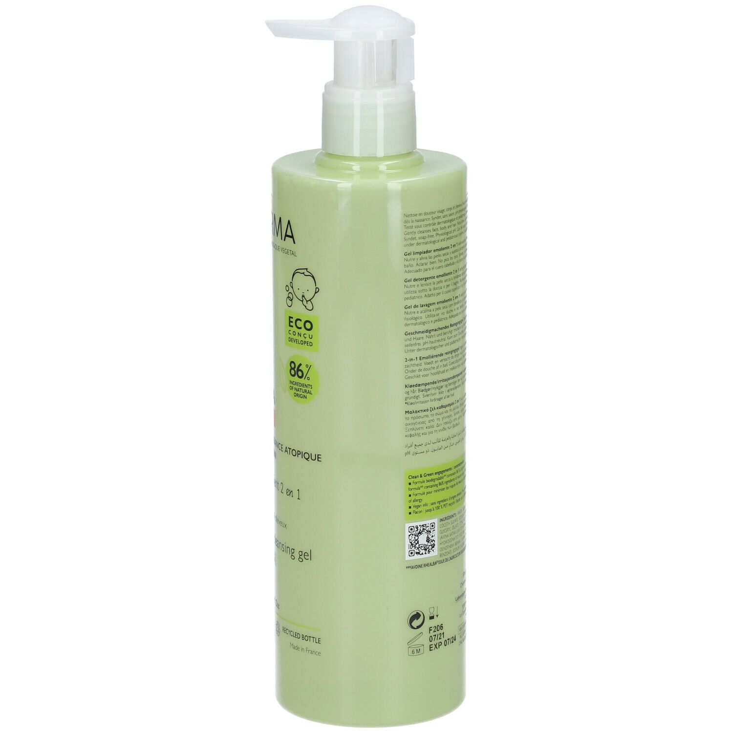 Flacon vert avec pompe. A-DERMA EXOMEGA CONTROL Gel lavant émollient 2 en 1. 500ml. Dos avec texte.
