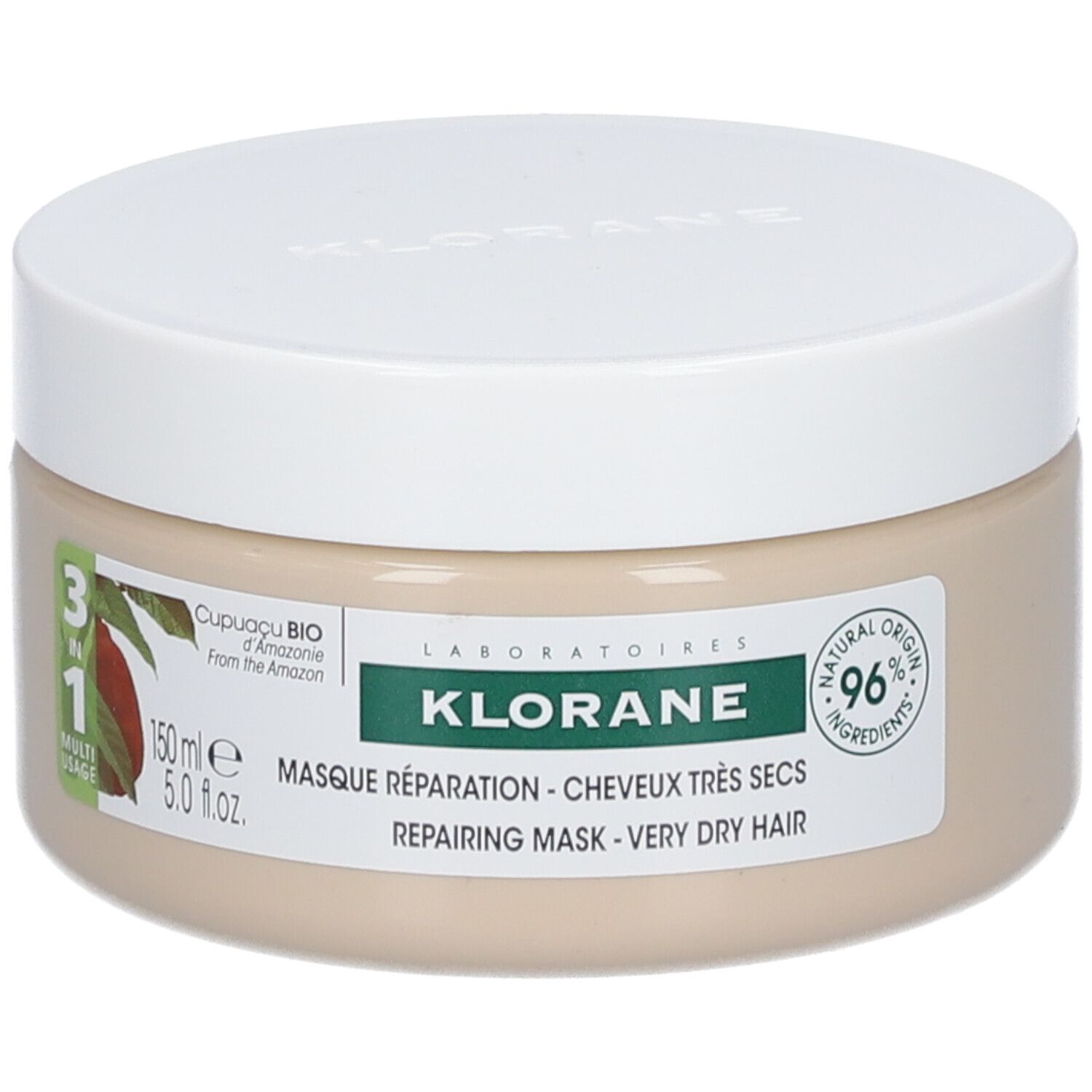 Pot beige KLORANE 3-en-1 avec couvercle blanc. Texte : Masque Réparation, 150 ml, 96% ingrédients naturels. Cupuaçu BIO.
