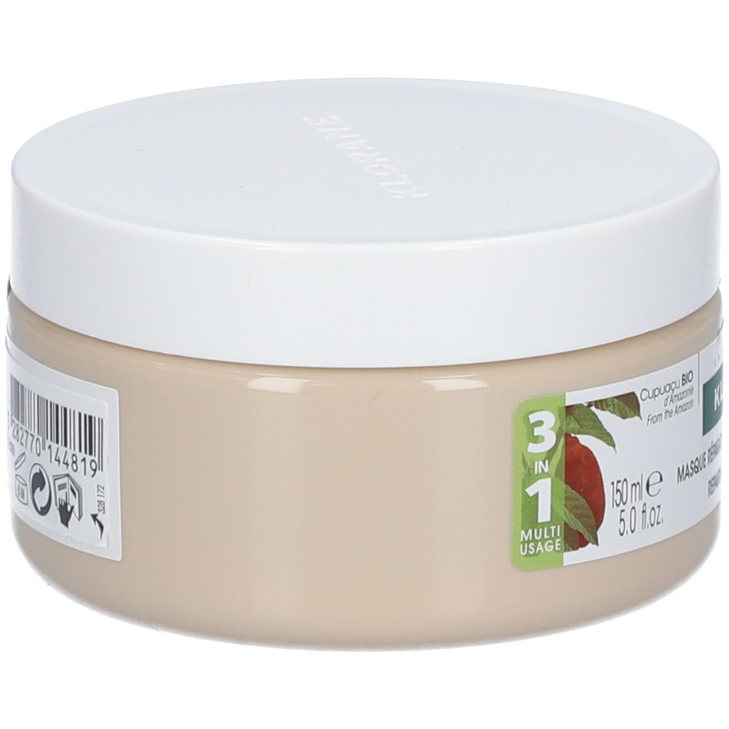 Pot beige KLORANE 3-en-1 avec couvercle blanc. Texte : Masque Réparation, 150 ml, 96% ingrédients naturels. Cupuaçu BIO.