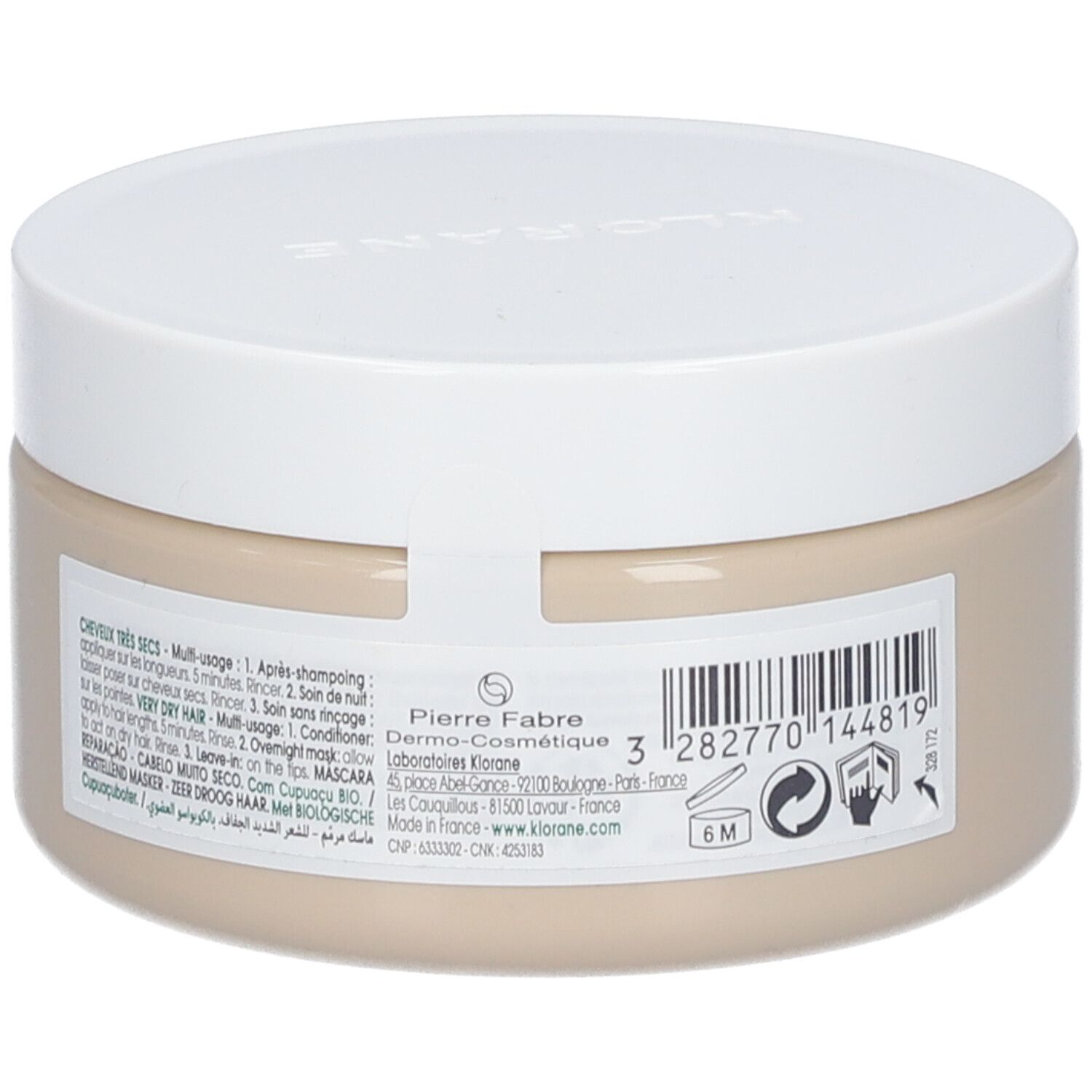 Dos du masque KLORANE 3-en-1. Texte : utilisation, ingrédients, fabricant. Logos : 6M, recyclage, Pierre Fabre. Code-barres.