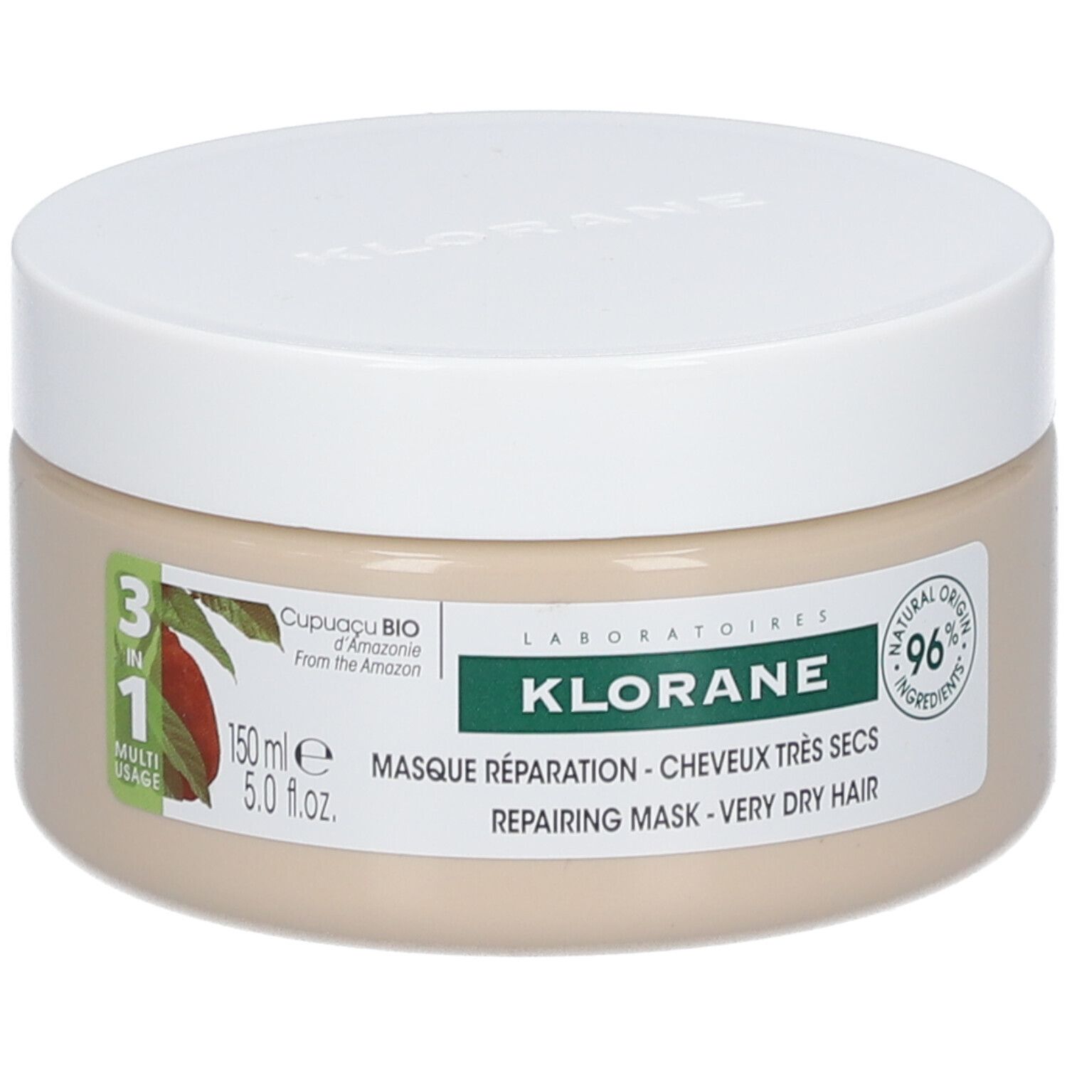 Pot beige KLORANE 3-en-1 avec couvercle blanc. Texte : Masque Réparation, 150 ml, 96% ingrédients naturels. Cupuaçu BIO.