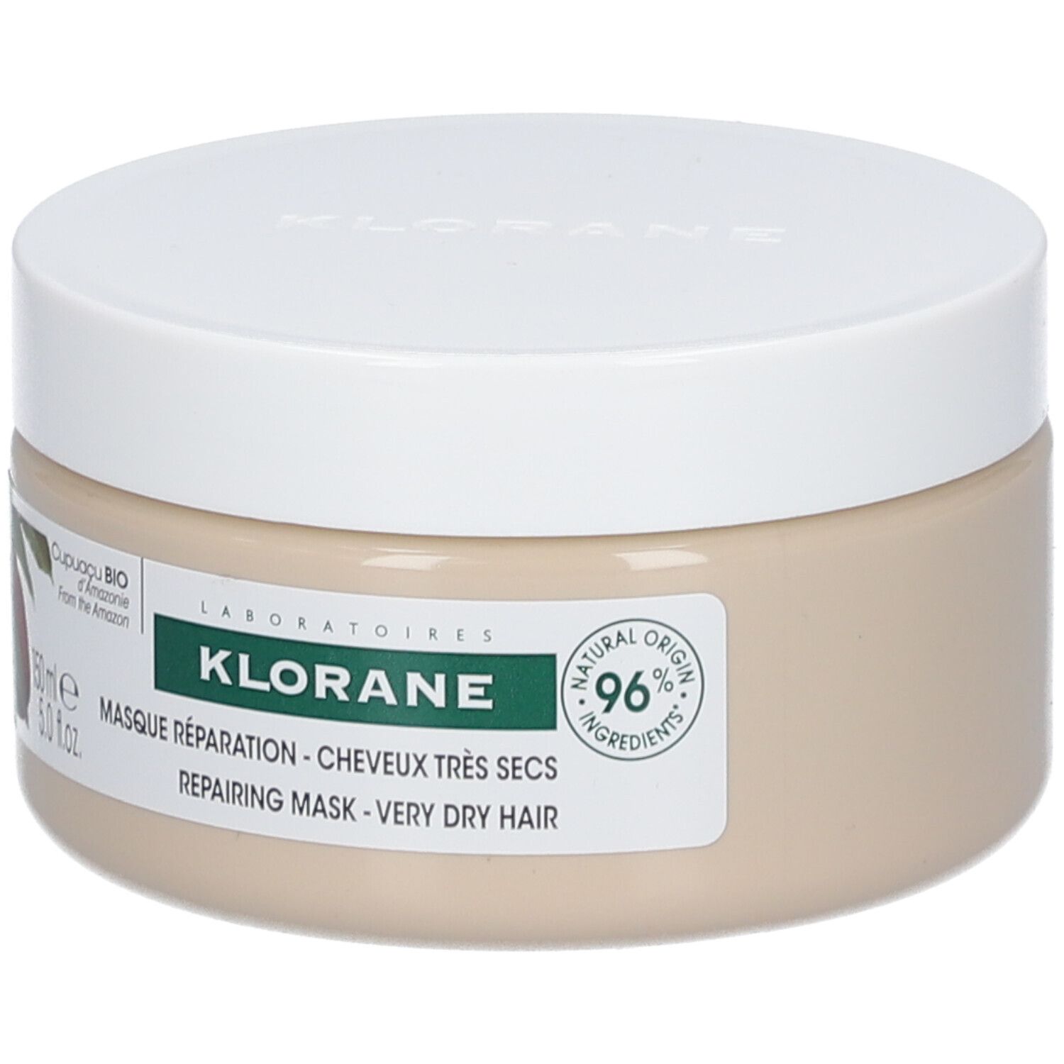 Pot beige KLORANE 3-en-1 avec couvercle blanc. Texte : Masque Réparation, 150 ml, 96% ingrédients naturels. Cupuaçu BIO.