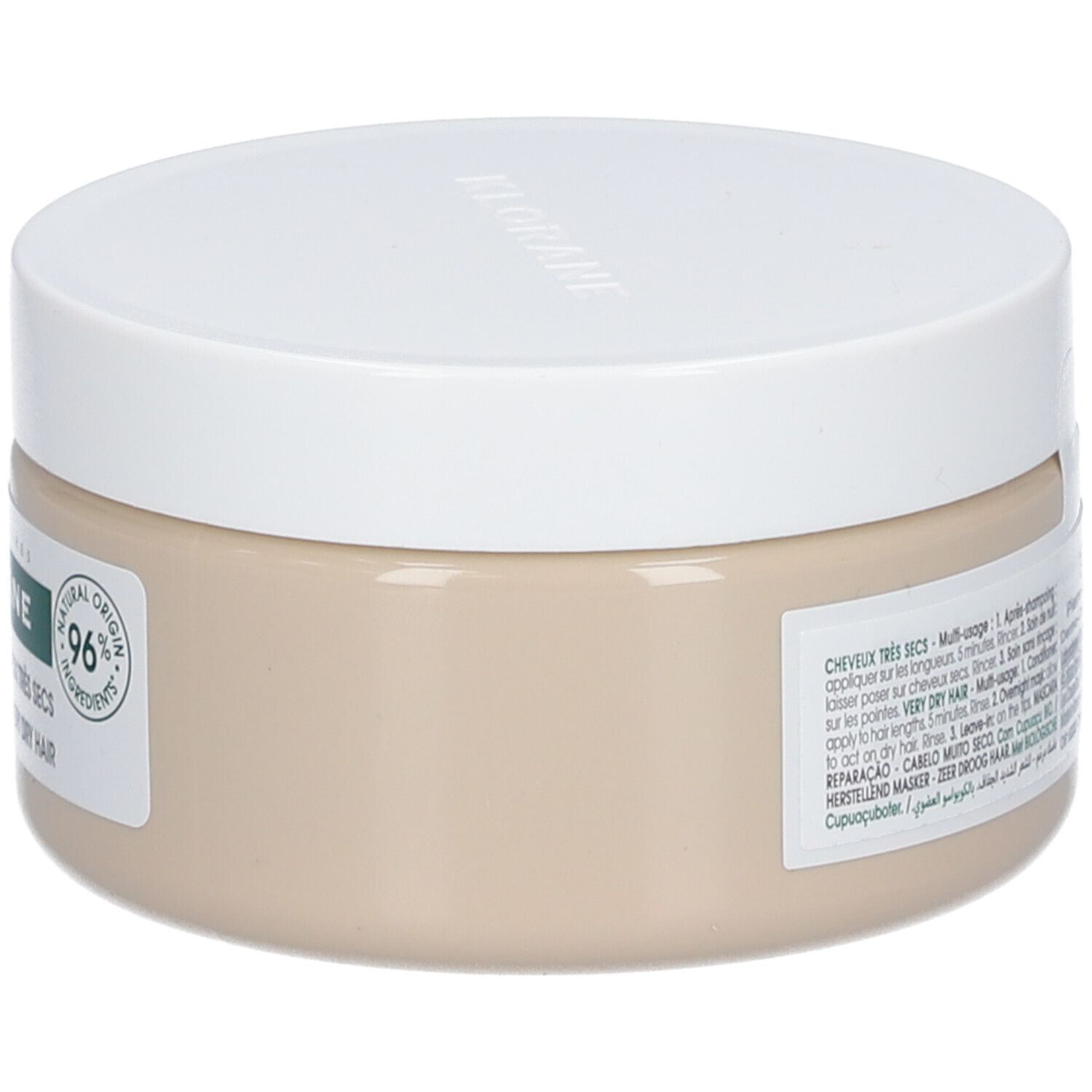 Pot beige KLORANE 3-en-1 avec couvercle blanc. Texte : Masque Réparation, 150 ml, 96% ingrédients naturels. Cupuaçu BIO.