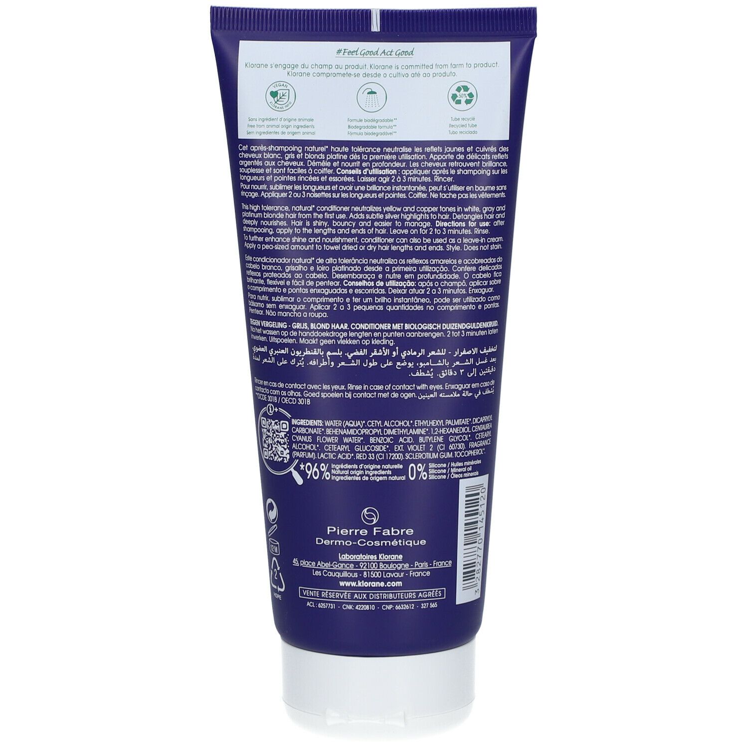 Dos du tube bleu. Texte et logos. 96% ingrédients naturels. Code QR et symboles de recyclage.