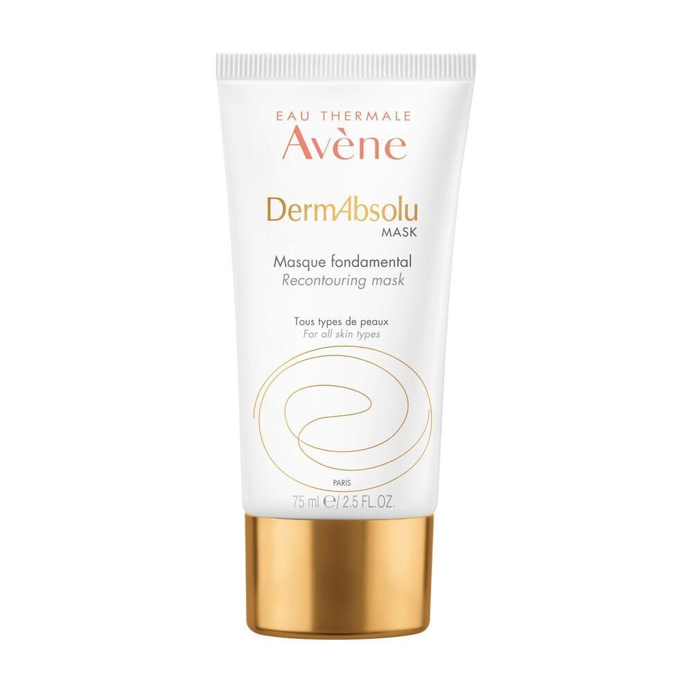 Tube de Avene DermAbsolu Mask. Blanc, bouchon doré. Inscription: Eau Thermale Avene, DermAbsolu, Mask. 75 ml.