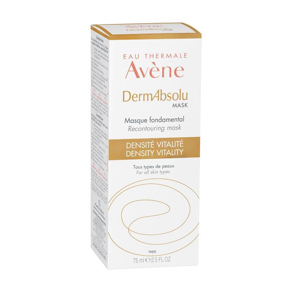 Boîte Avene DermAbsolu Mask. Blanc, accents dorés. Inscription: Eau Thermale Avene, DermAbsolu, Mask. 75 ml.