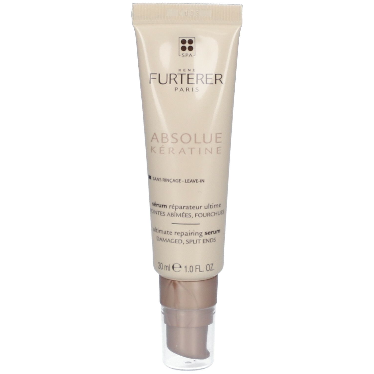 Tube beige avec pompe. Inscription: RENE FURTERER PARIS, ABSOLUE KERATINE. Ultimate Repair Serum. 30 ml.