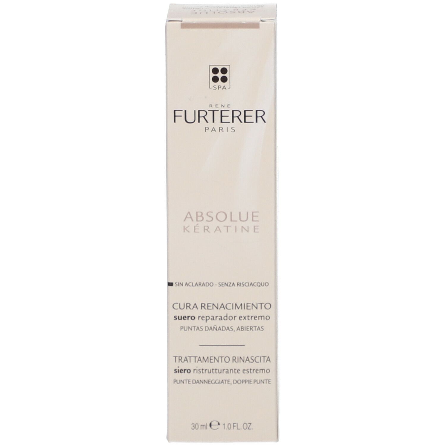 Côté de la boîte. Texte en plusieurs langues. Informations sur les ingrédients et l'utilisation.