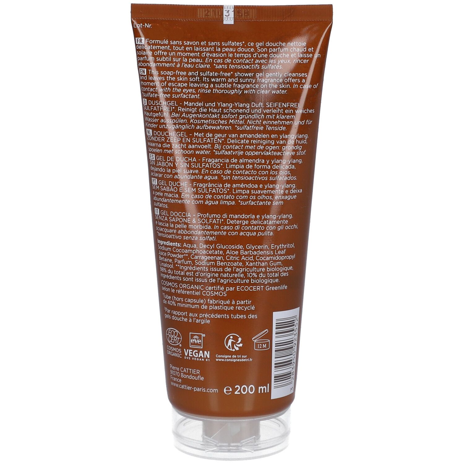 Tube marron avec informations produit et logo Vegan. Base transparente. Texte: e 200 ml.